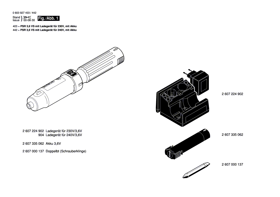 Vue éclatée Bosch PSR3,6VS 0603927403#01