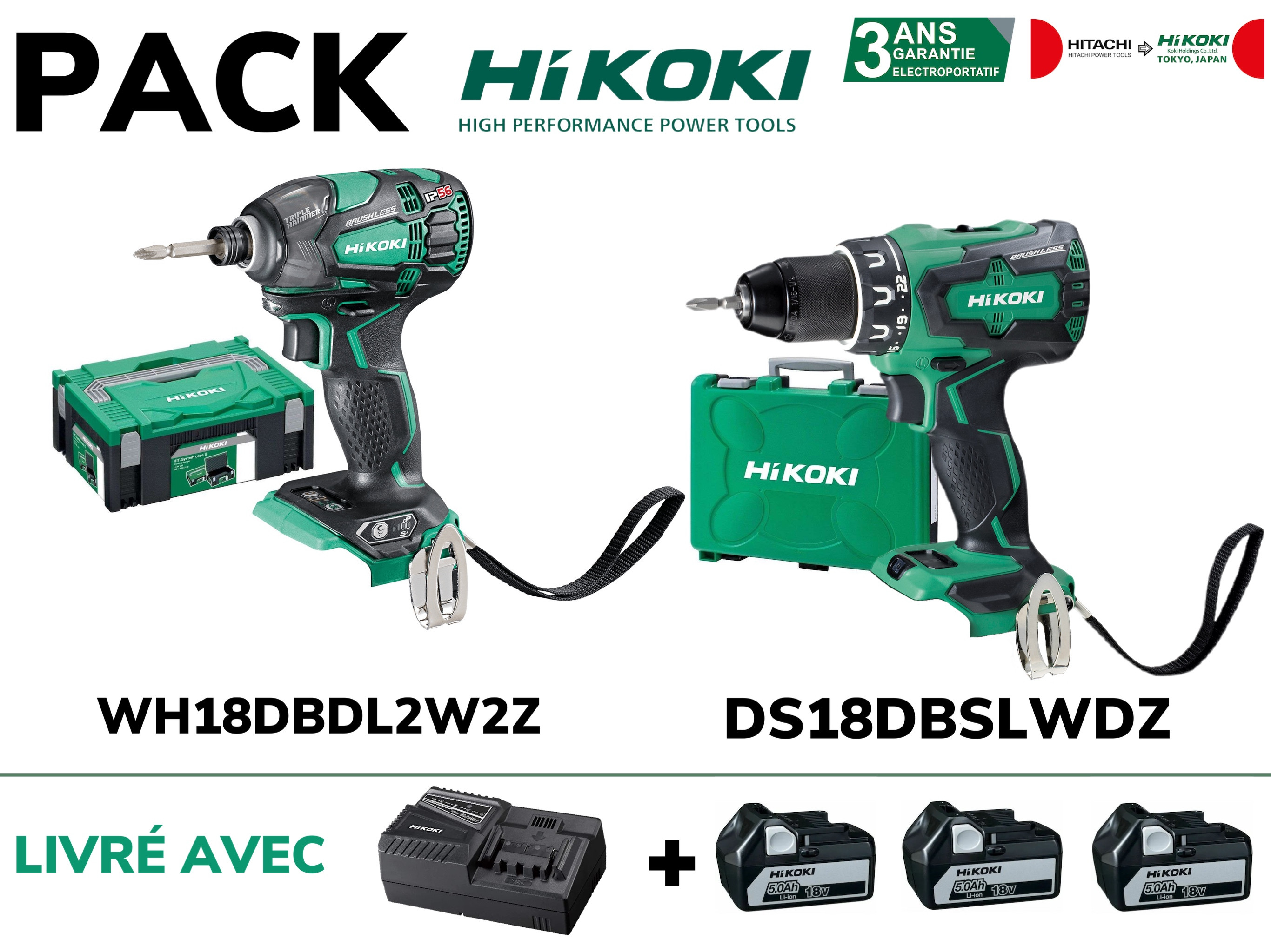 PERCEUSE VISSEUSE HIKOKI DS18DBSLWDZ + VISSEUSE A CHOC HIKOKI WH18DBDL2W2Z