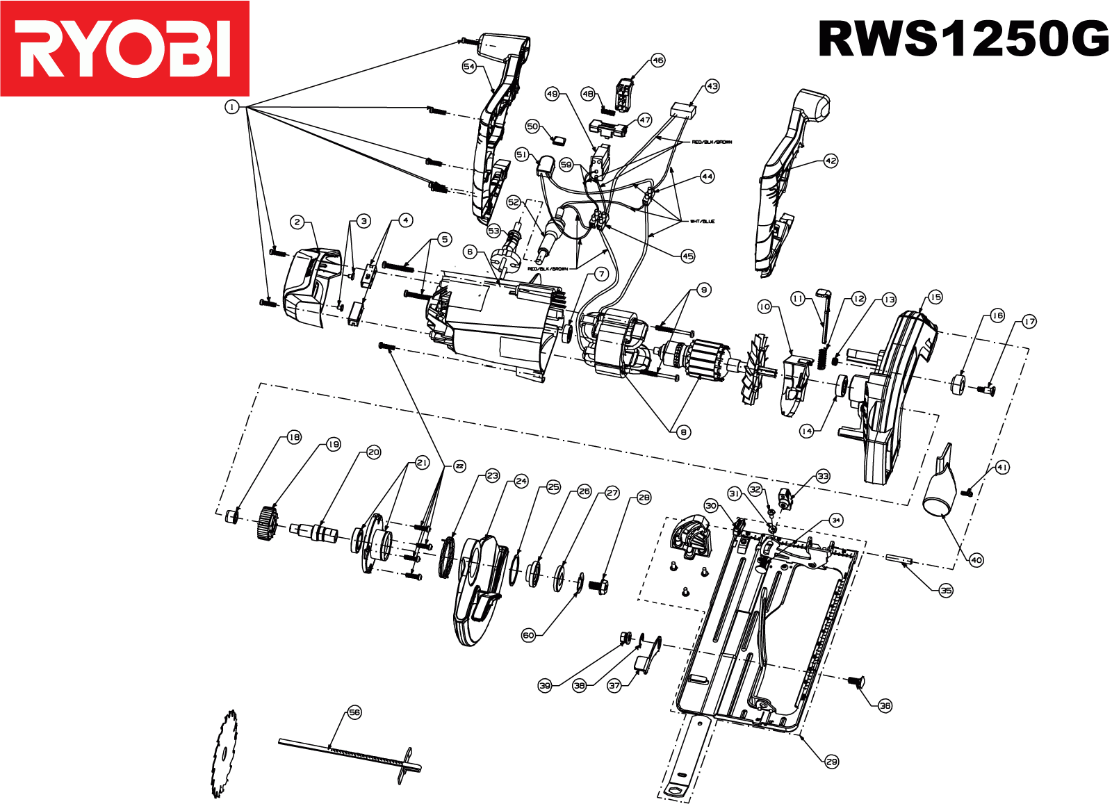 PIECES DETACHEES SCIE CIRCULAIRE RYOBIRWS1250G 4000444014