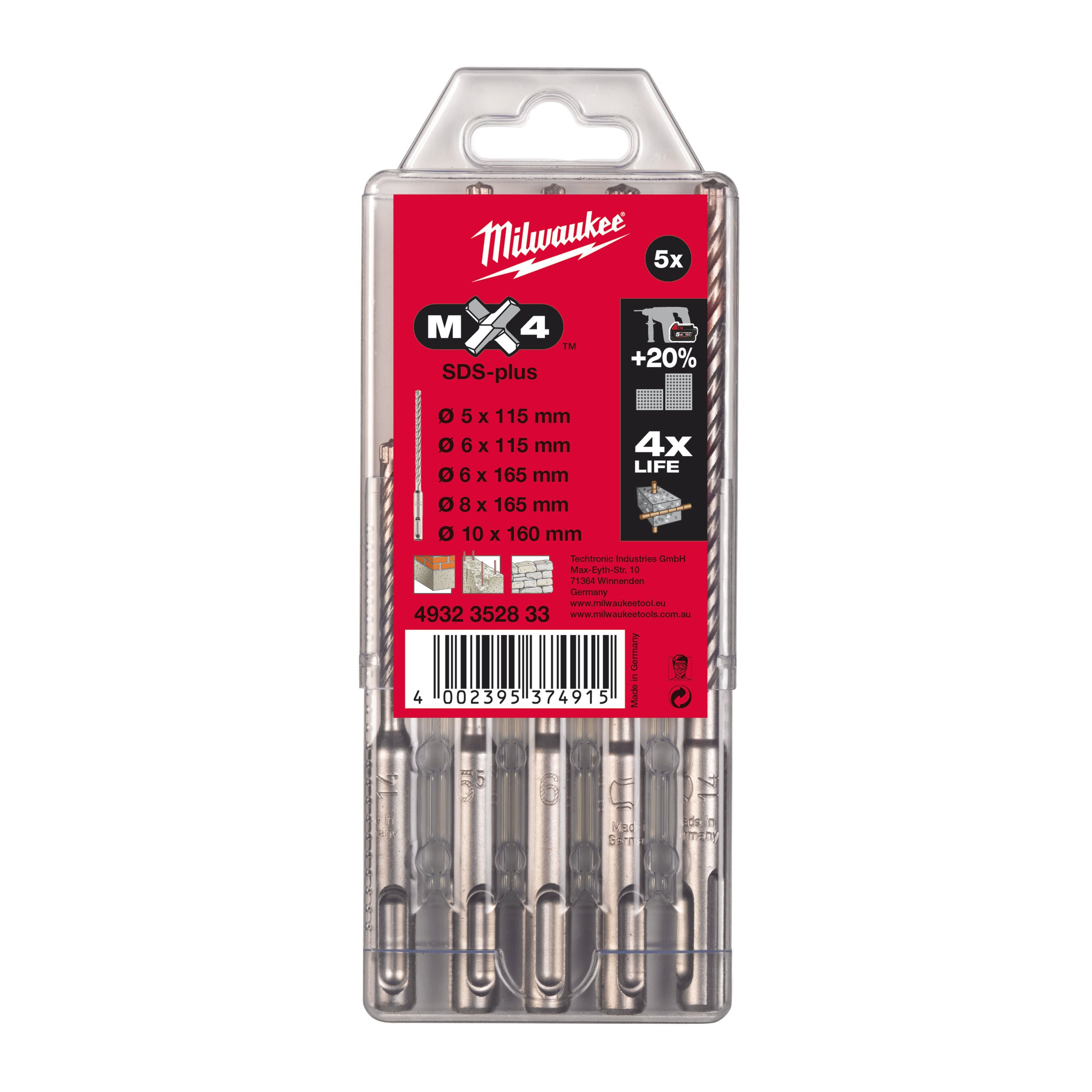 FORET MX4 - 4 TAILLANTS SDS-PLUS SDS-PLUS MX4 SET - 5 PCS MILWAUKEE