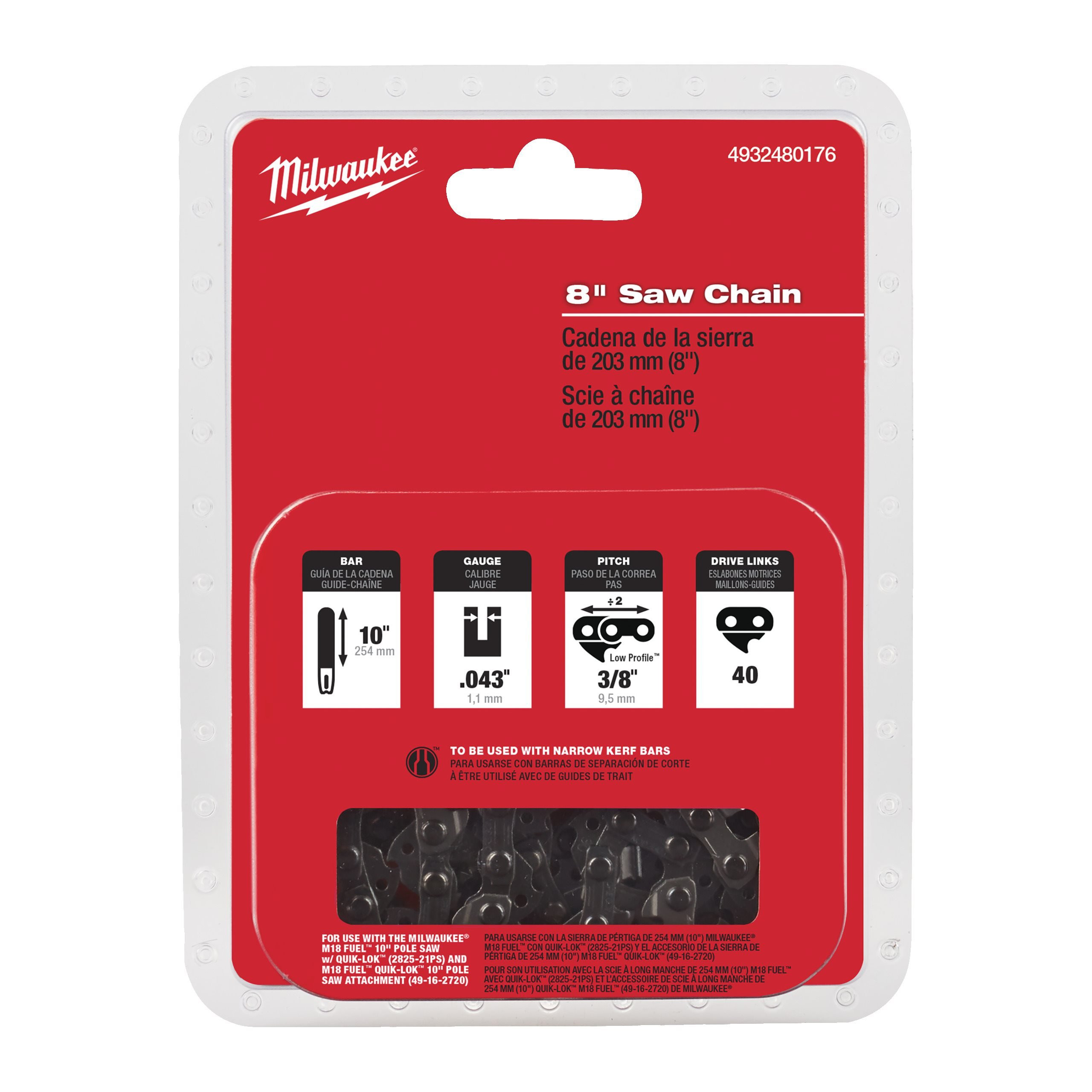 CHAÎNE 20,3 CM POUR ÉLAGUEUSE M18 FHS20 20 CM/ 8" SAW CHAIN 3/8" X 1.1 M18 FHS MILWAUKEE