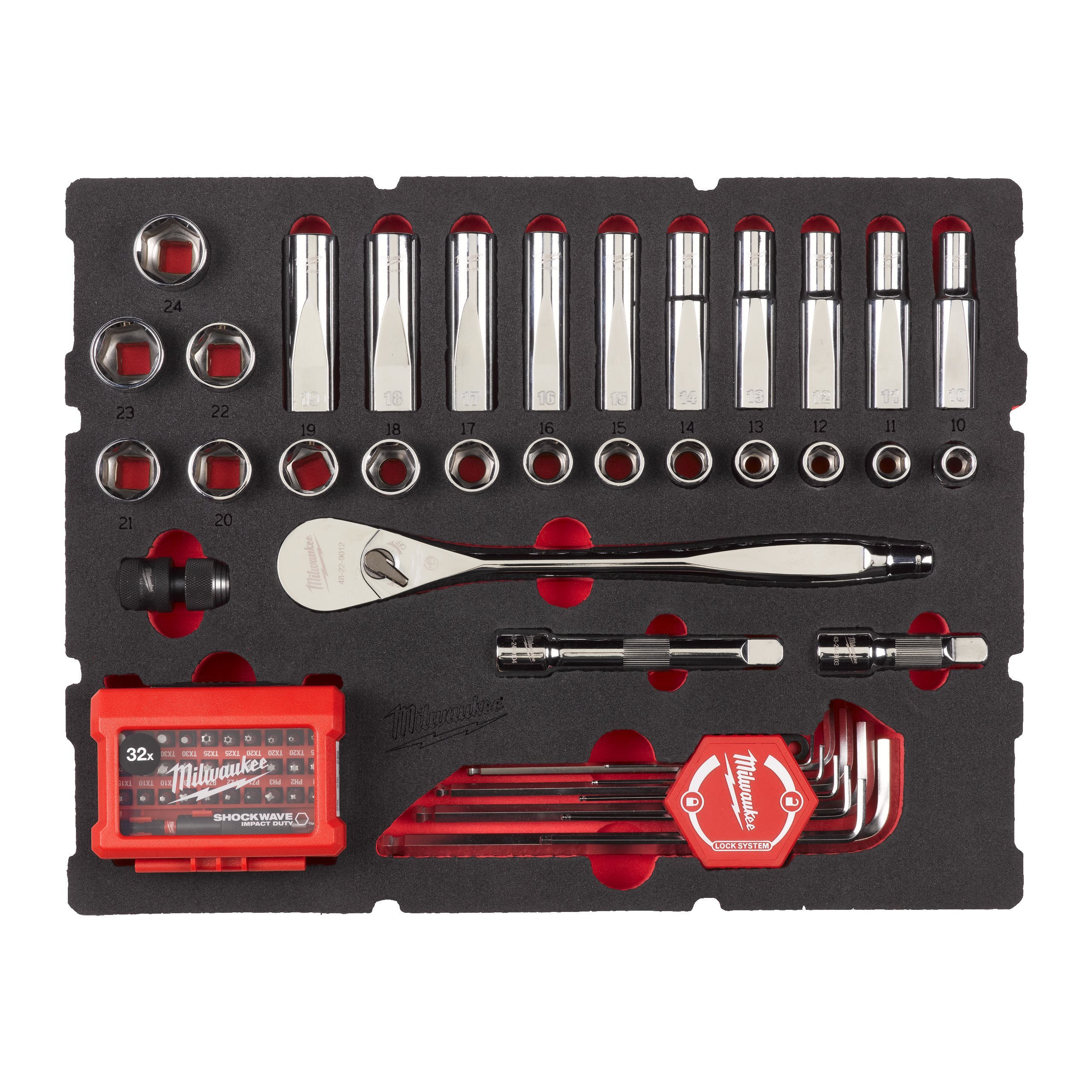 MODULE PACKOUT™ DOUILLES ET CLIQUETS 1/2" RATCHET AND SOCKET AND HEX KEY SET FOAM INSERT MILWAUKEE