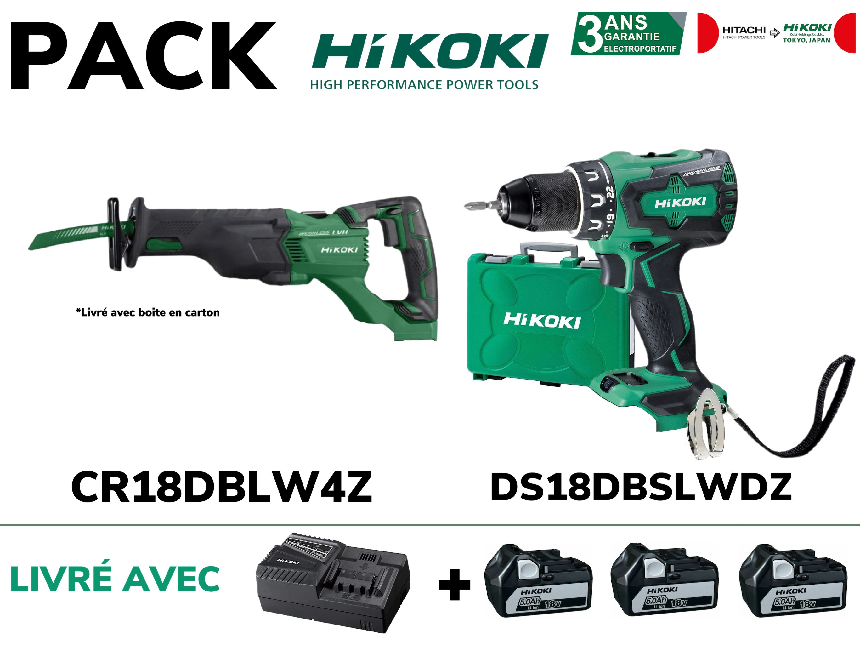 PERCEUSE VISSEUSE HIKOKI DS18DBSLWDZ + SCIE SABRE HIKOKI CR18DBLW4Z