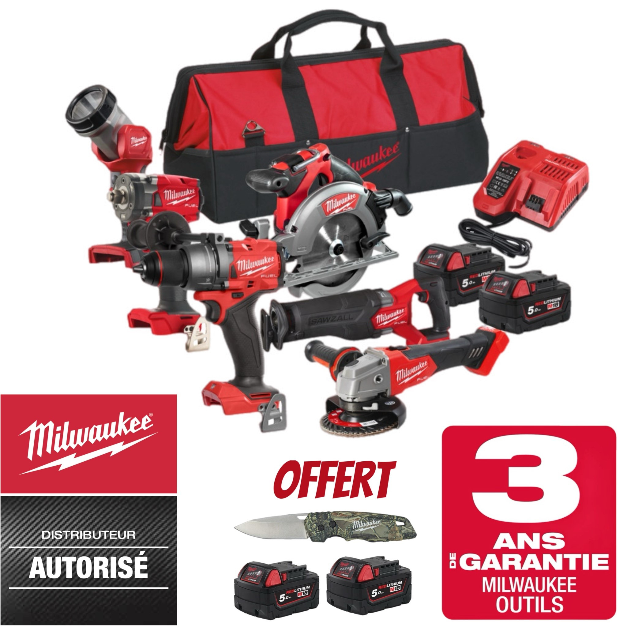 PACK MACHINES MILWAUKEE 18V + PERCEUSE VISSEUSE + CLE A CHOCS + SCIE CIRCULAIRE BOIS + SCIE SABRE + MEULEUSE + LAMPE TORCH LED M18 FPP6F3-502B - 4X5 AH 4933480875