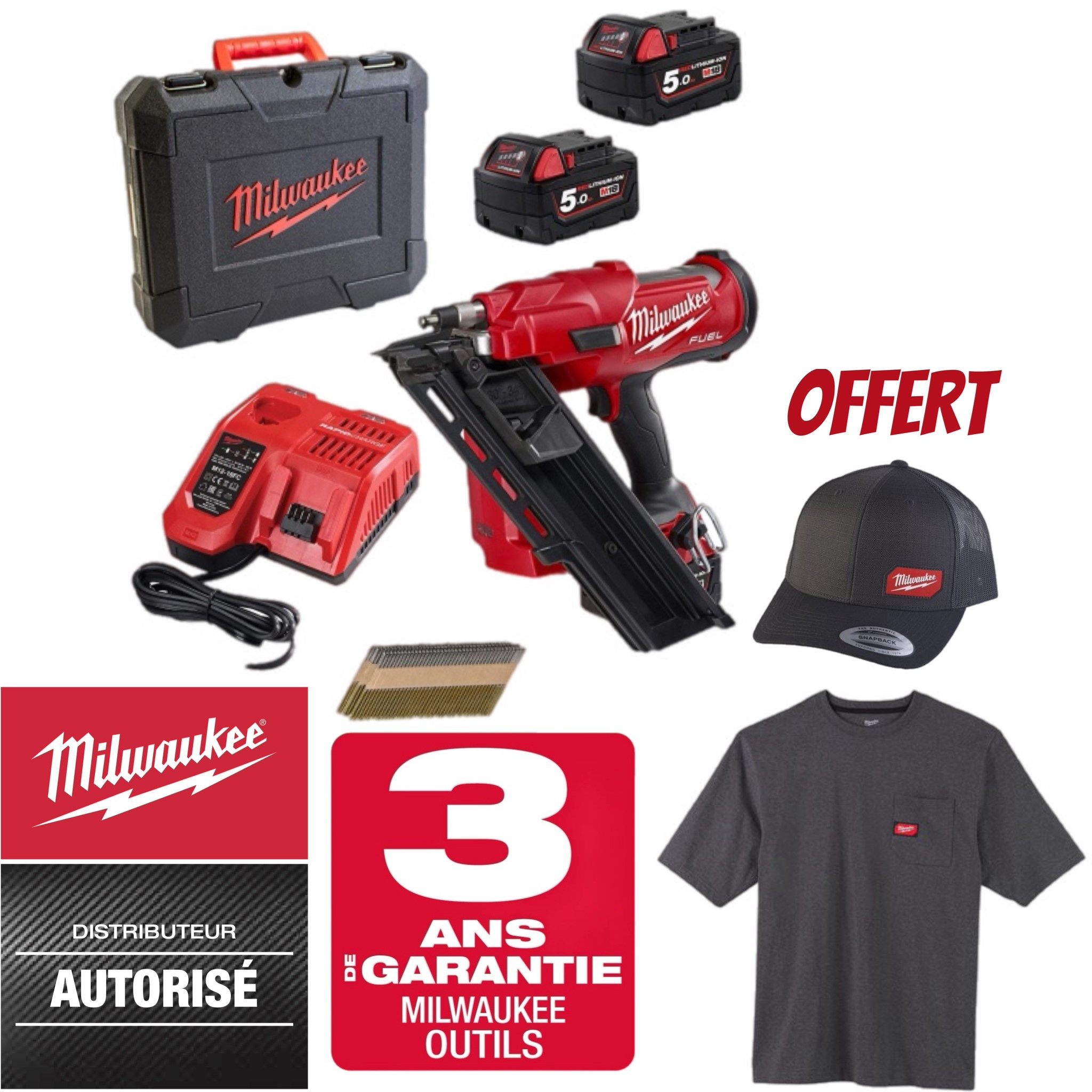PACK MACHINES MILWAUKEE CLOUEUR DE CHARPENTE 34° + 19 800 CLOUS M18 FFN-502CA LOT CLOUEUR 4933493924