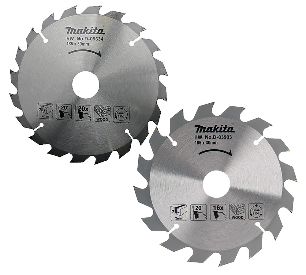 Lot de 2 lames carbure bois standard, Ø 185 mm, pour scies circulaires Makita