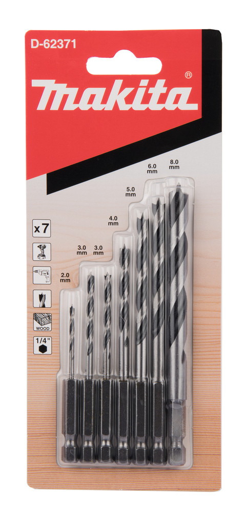 Ensemble 7 mèches à bois hélicoïdales, emmanchement hexa 1/4'' Makita
