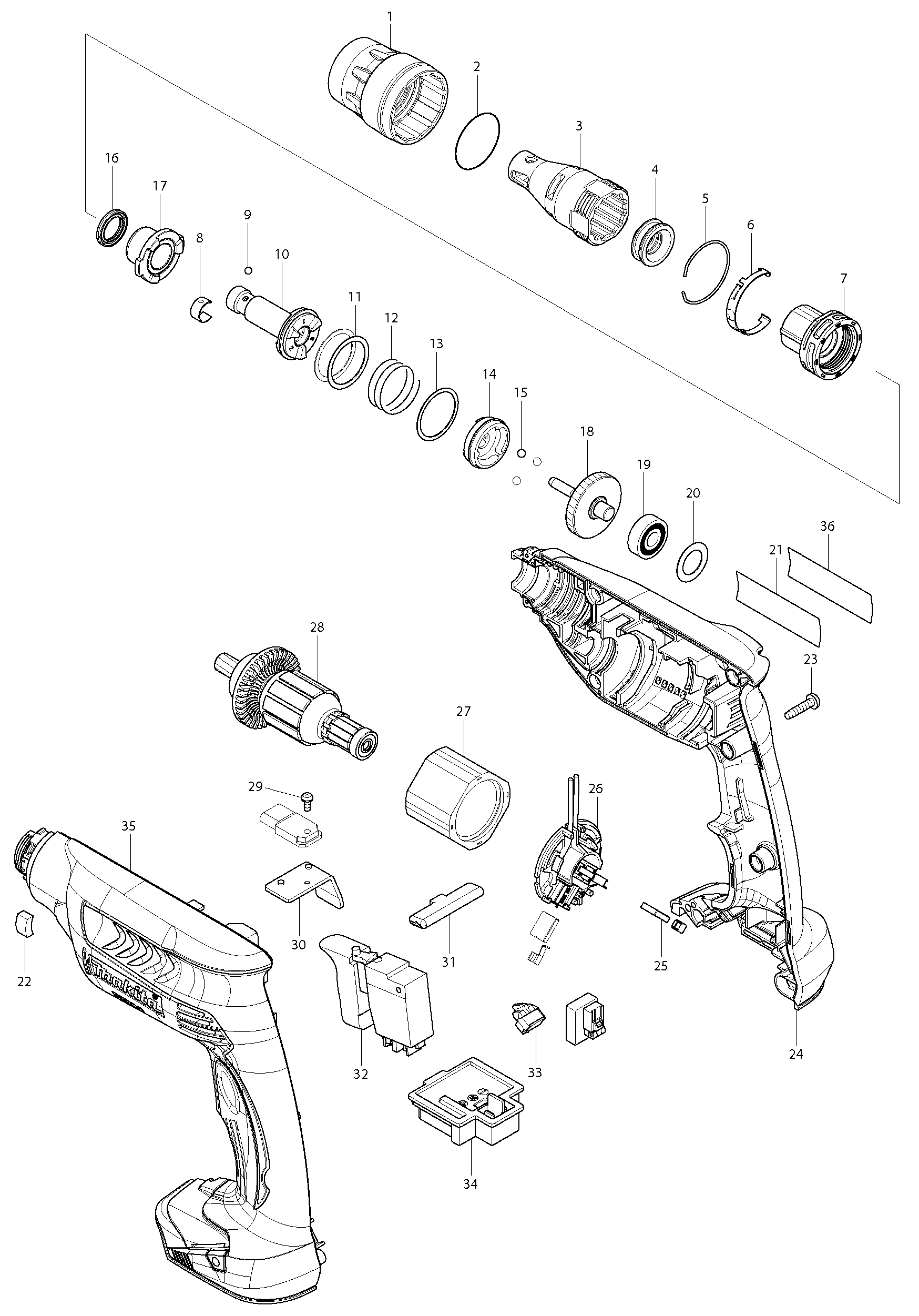 PIECES DETACHEES VISSEUSE PLAQUE DE PLATRE  MAKITA DFS451RFJ
