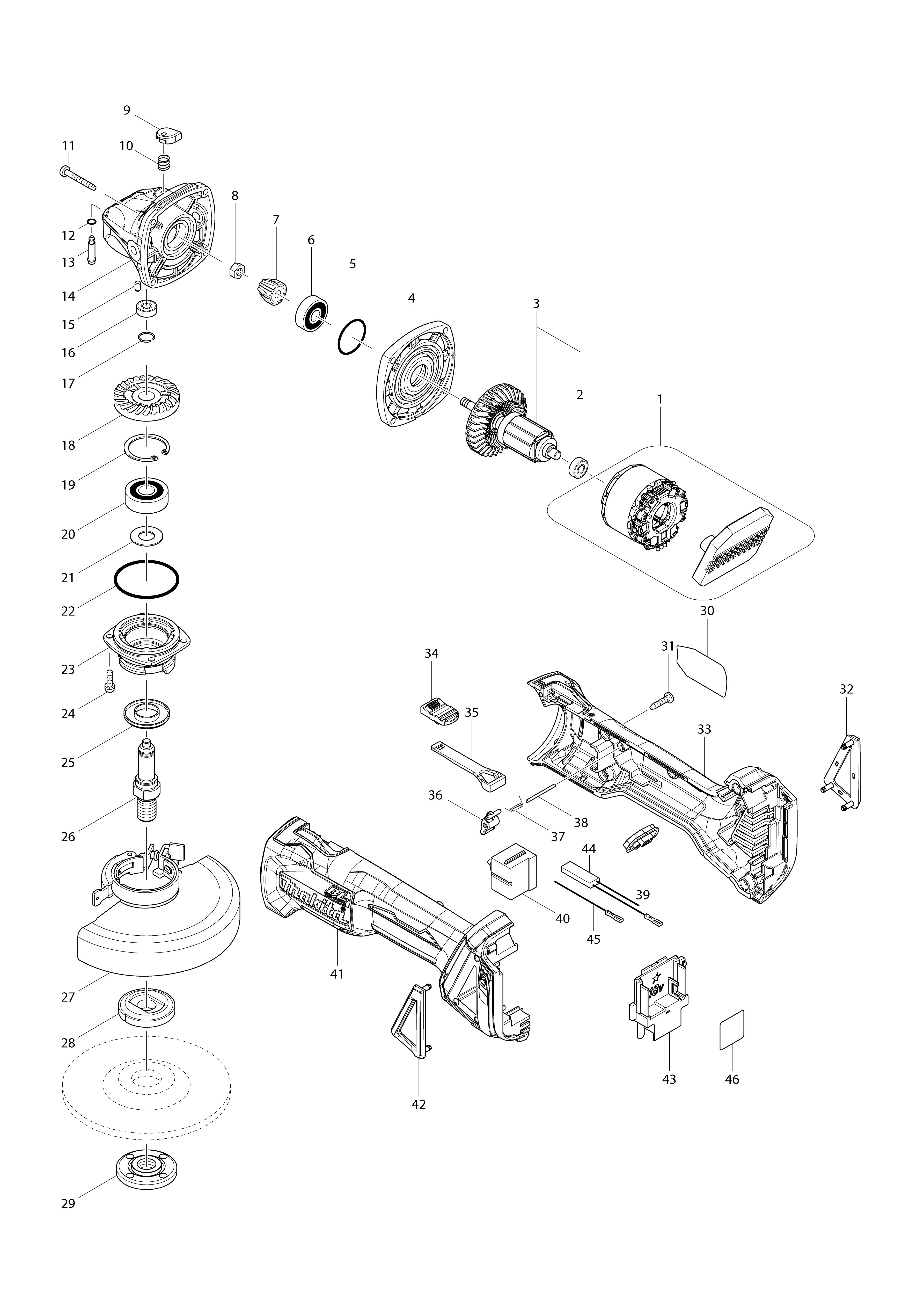Vue éclatée Makita DGA504#01