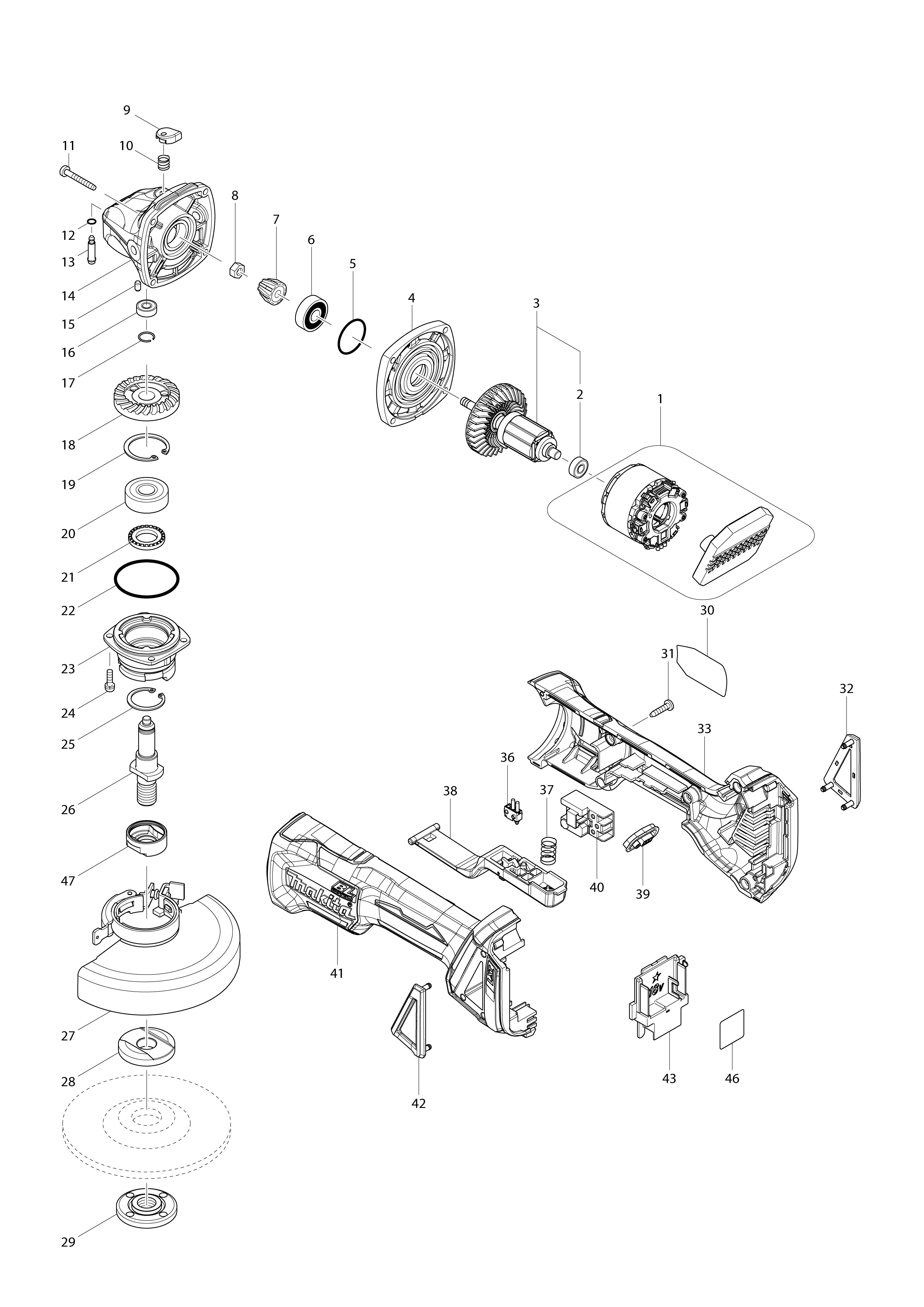 Vue éclatée Makita DGA508#01