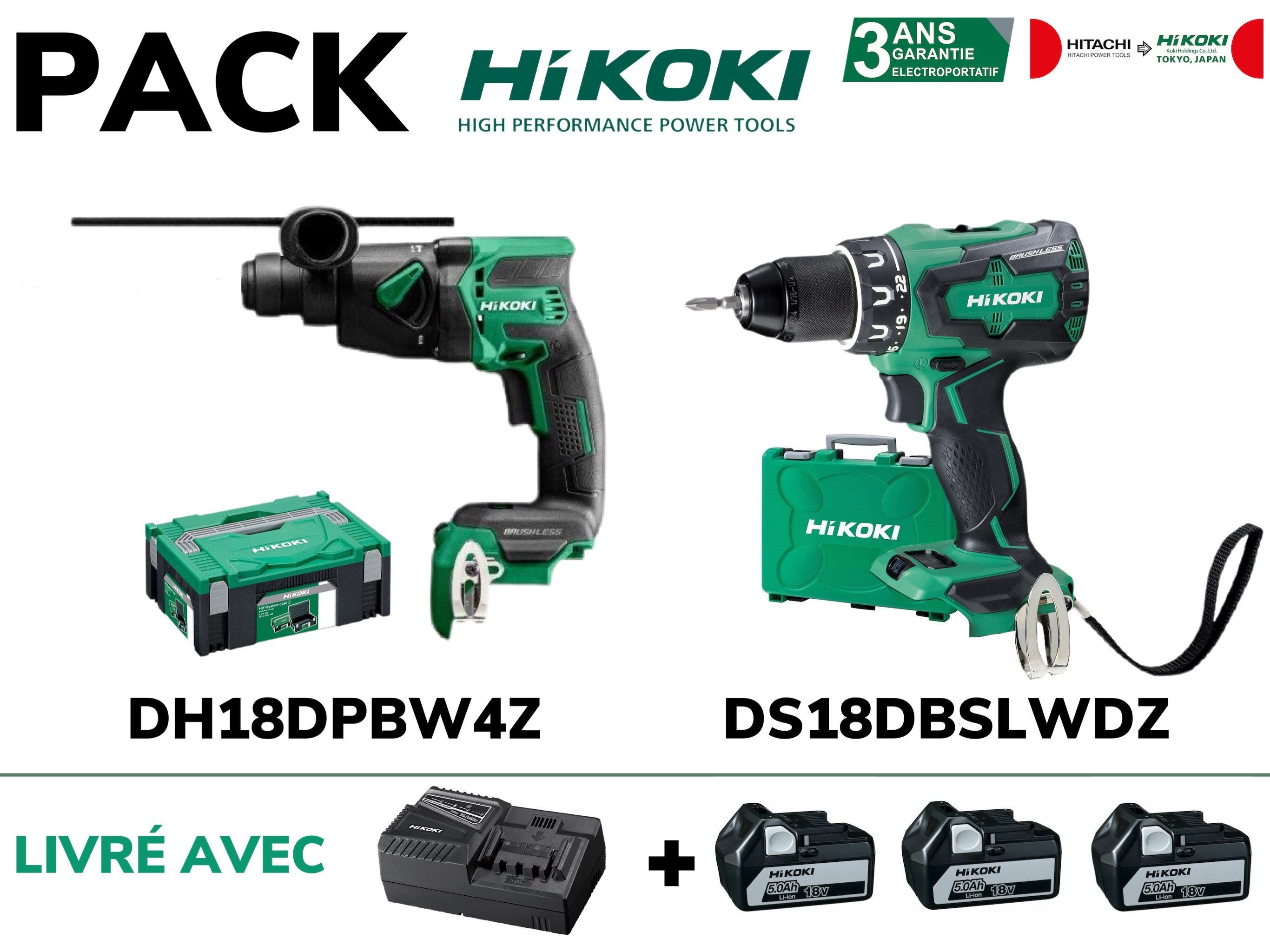 PERCEUSE VISSEUSE HIKOKI DS18DBSLWDZ + PERFORATEUR HIKOKI DH18DPBW4Z
