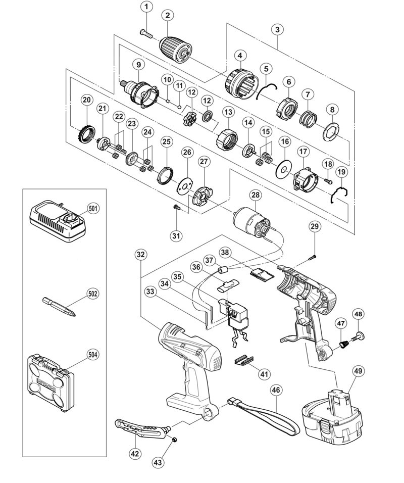 PIECES DETACHEES PERCEUSE VISSEUSE HITACHI DS18DVB2