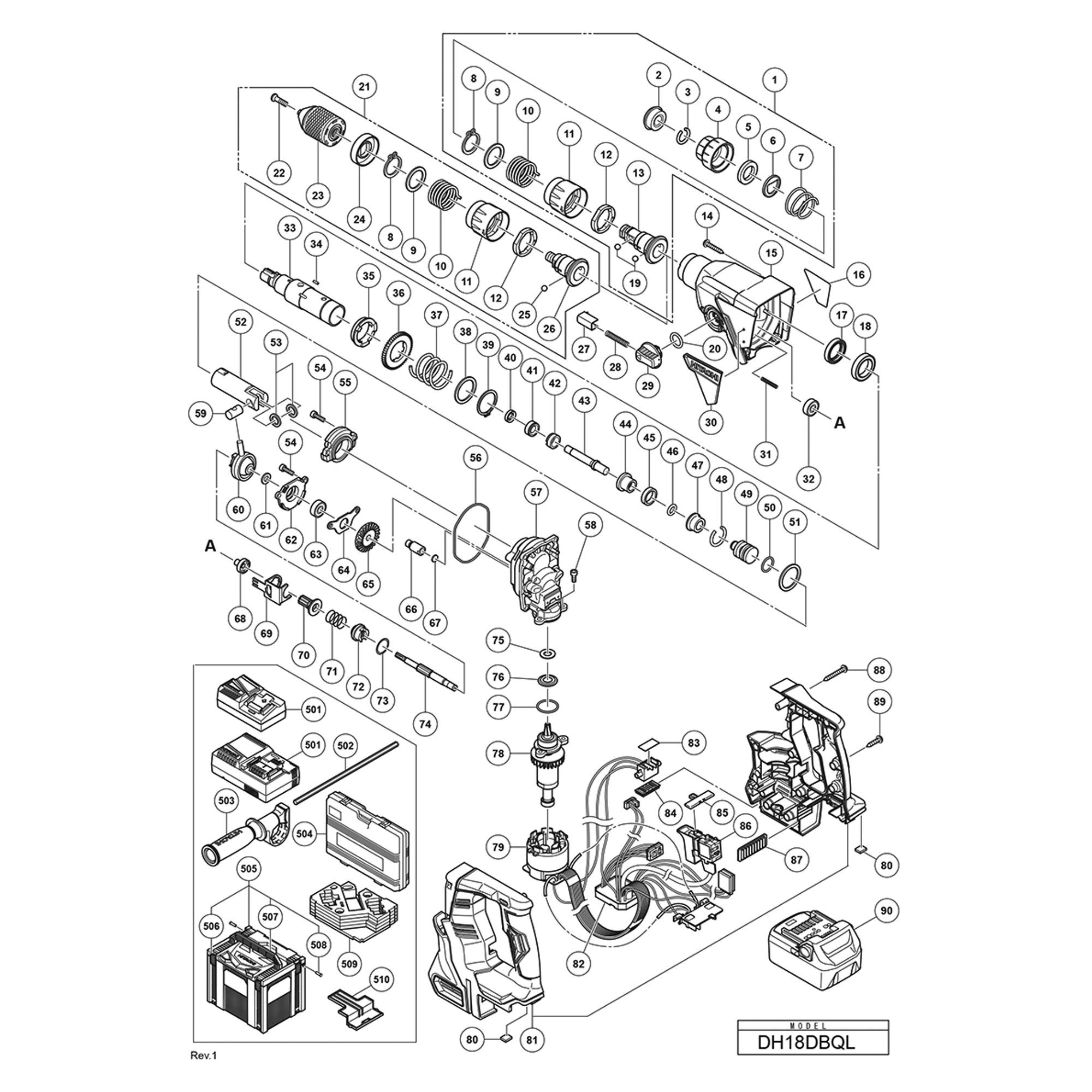 Vue éclatée Hitachi Hikoki DH18DBQL #01