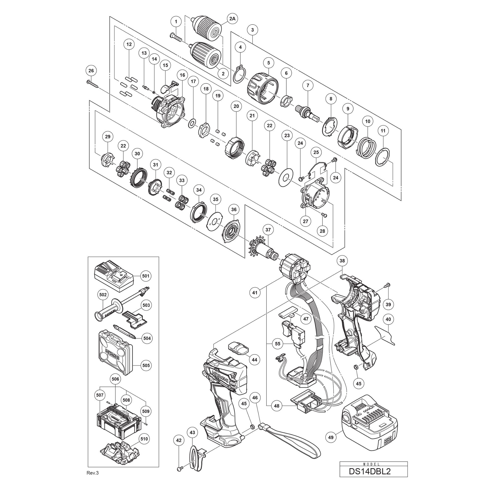 Vue éclatée Hitachi Hikoki DS14DBL2 #01
