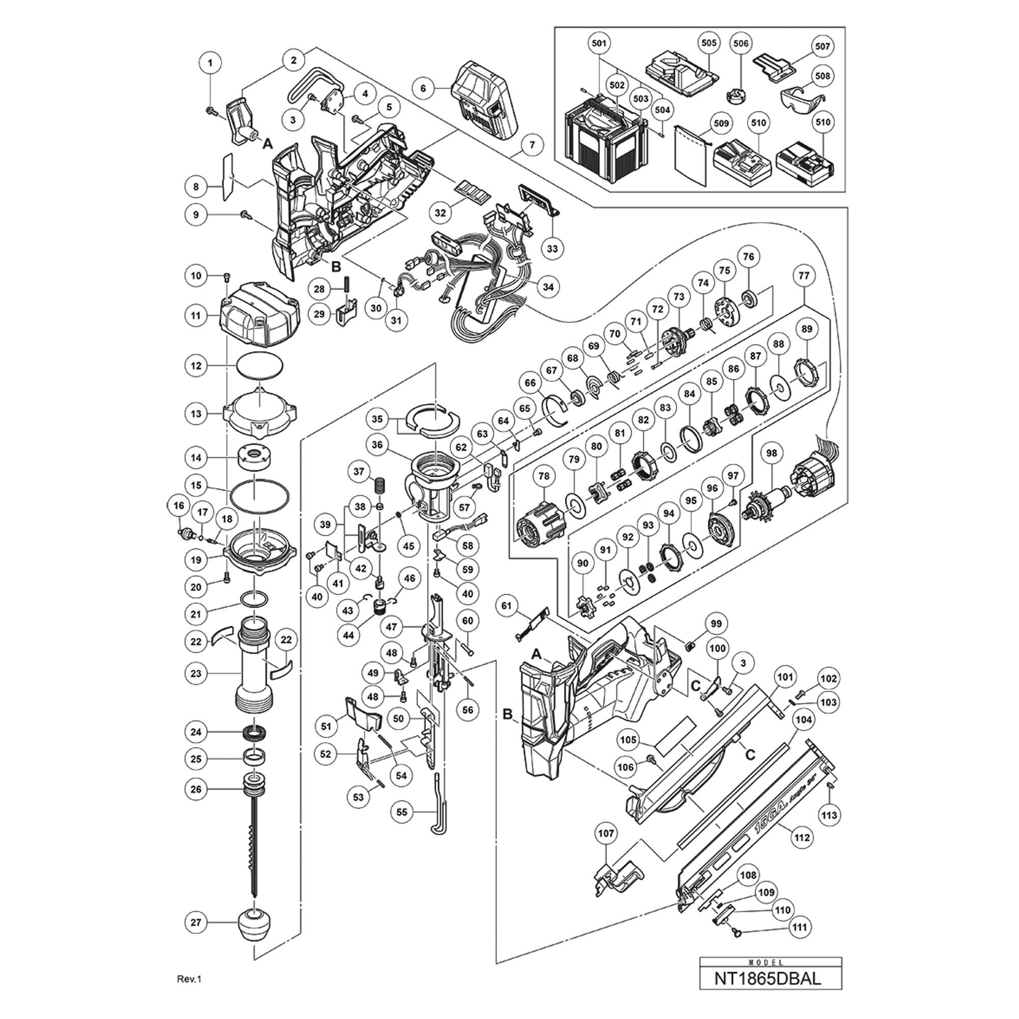 Vue éclatée Hitachi Hikoki NT1865DBAL #01