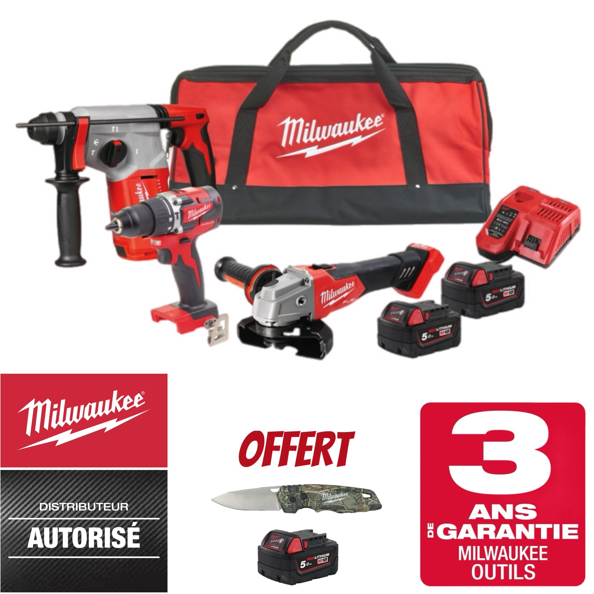 PACK MACHINES MILWAUKEE 18 V PERFORATEUR + MEULEUSE + PERCEUSE A PERCUSSION M18 BLPP3C-502 - 3X5 AH - 4933498565