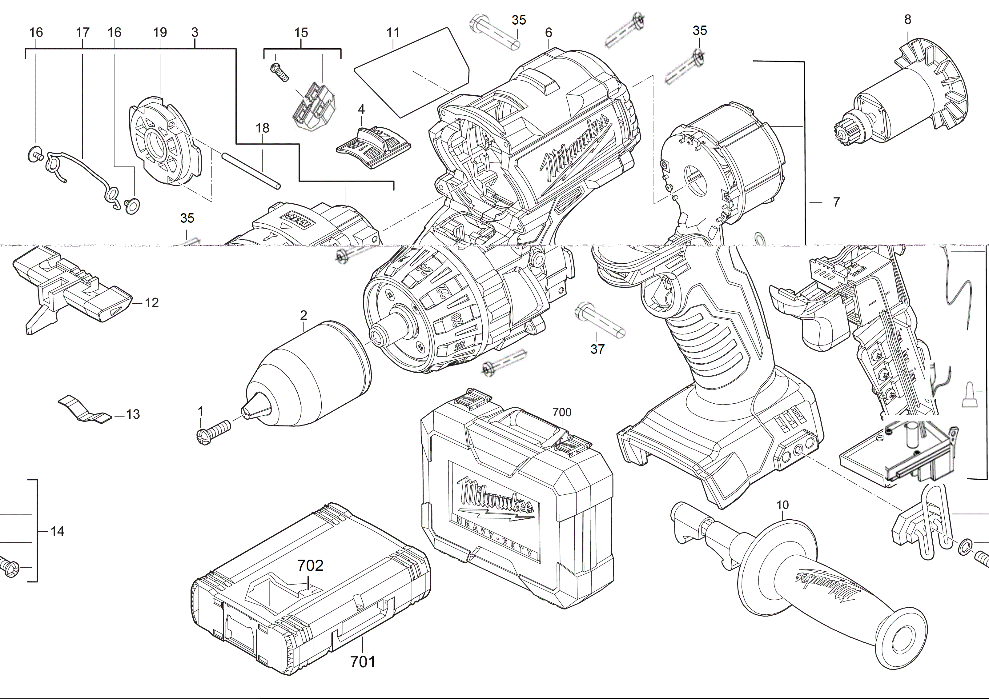 Vue éclatée Milwaukee M18CDD-402C 4000452323#01