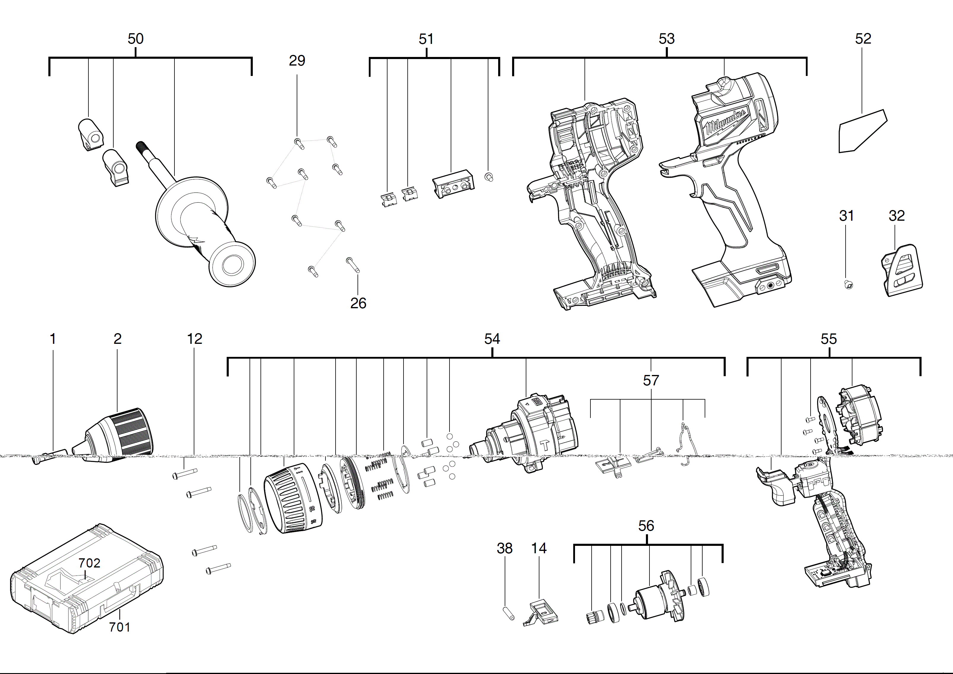 Vue éclatée Milwaukee M18BLPD2-502X 4000469172#01
