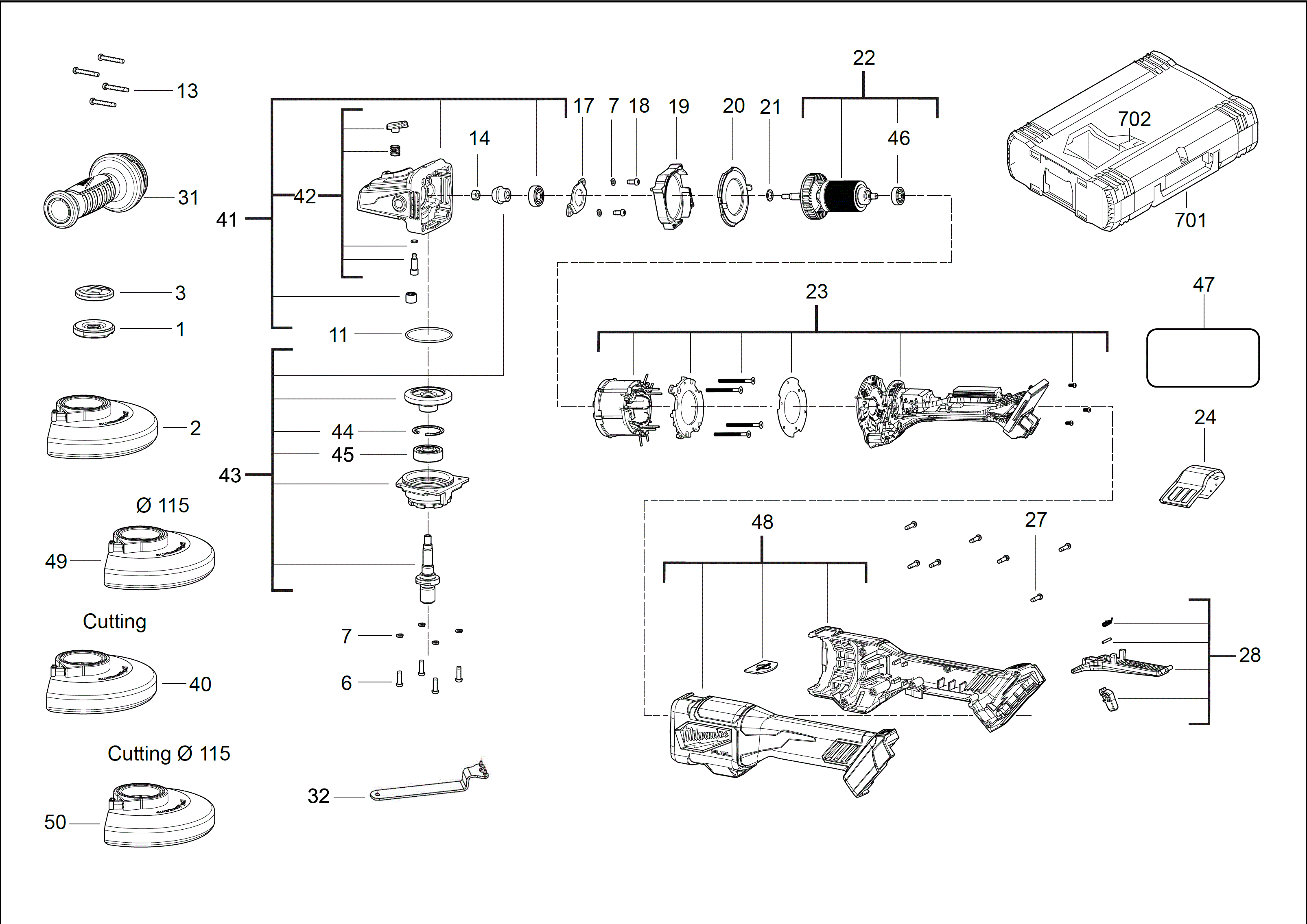 Vue éclatée Milwaukee M18FHSAG125XPDB-552X 4000469900#01