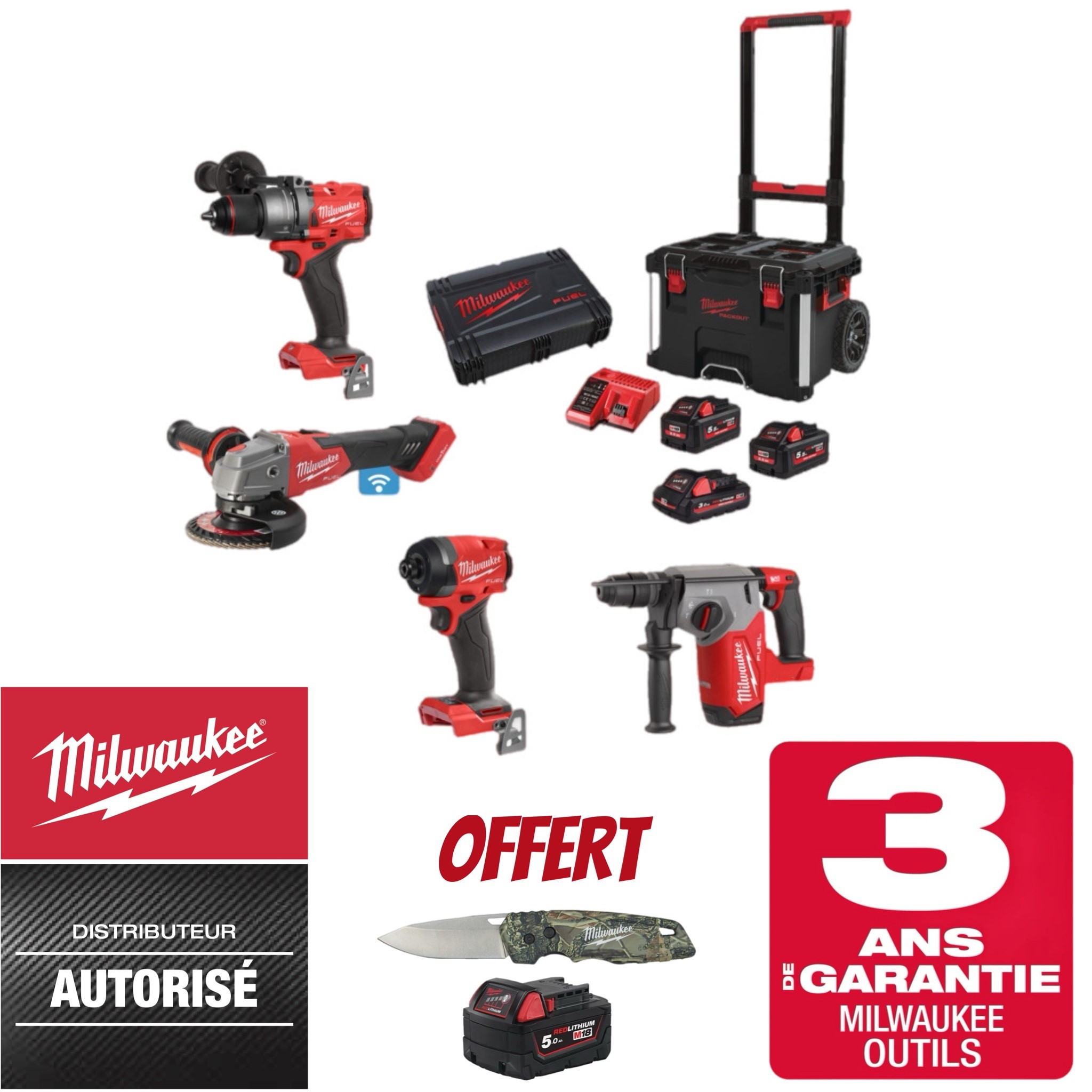 PACK MACHINES MILWAUKEE 18V PERFORATEUR BURINEUR + PERCEUSE VISSEUSE + VISSEUSE A CHOCS + MEULEUSE M18 FPP4AE-533P - 2X5.5 / 1X3 AH 4933493334