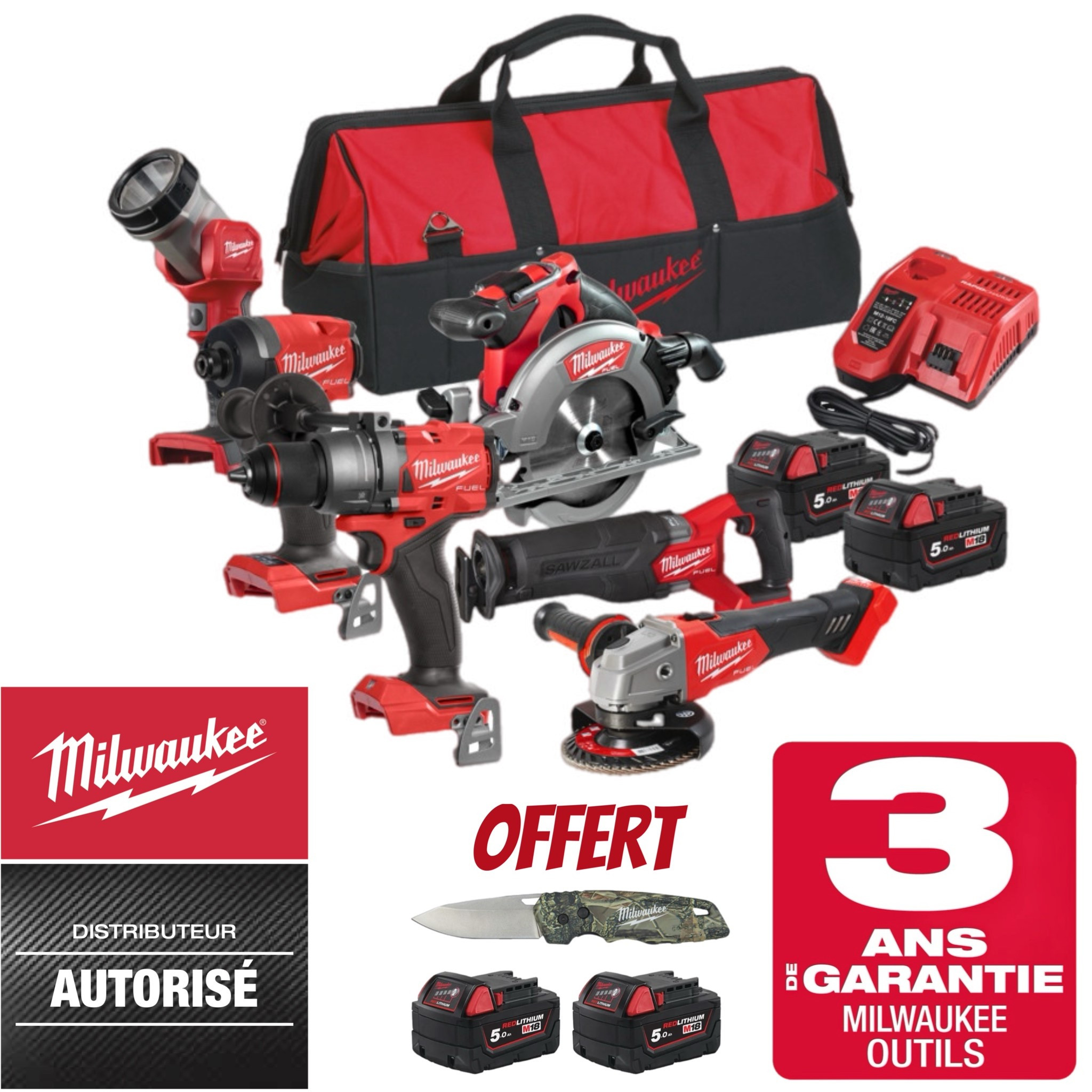 PACK MACHINES MILWAUKEE 18V + PERCEUSE VISSEUSE + VISSEUSE A CHOCS + SCIE CIRCULAIRE BOIS + SCIE SABRE + MEULEUSE + LAMPE TORCH LED M18 FPP6E3-502B - 4X5 AH 4933480874