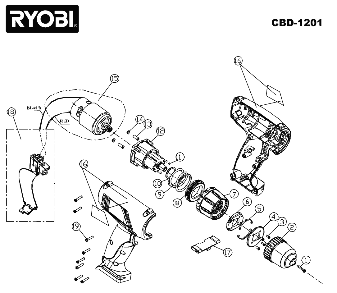 Vue éclatée Ryobi CBD1201 CBD1201#1#01