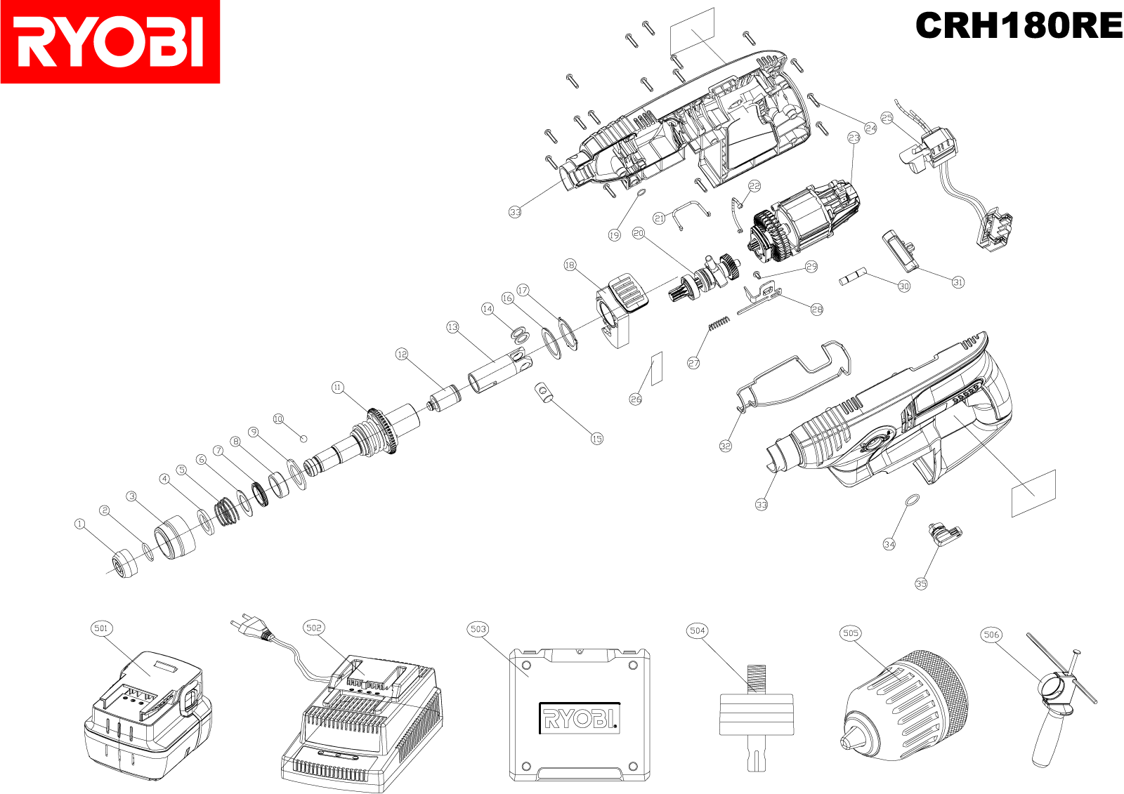 Vue éclatée Ryobi CRH180RE CRH180RE#1#01