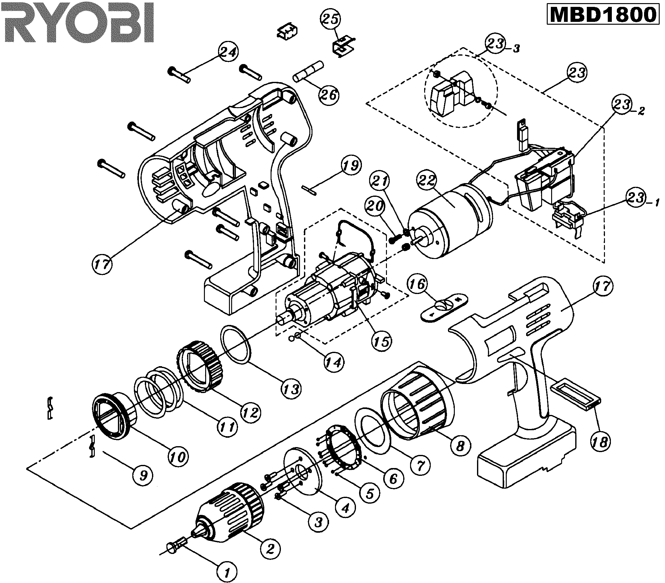 Vue éclatée Ryobi MBD1800 MBD1800#01