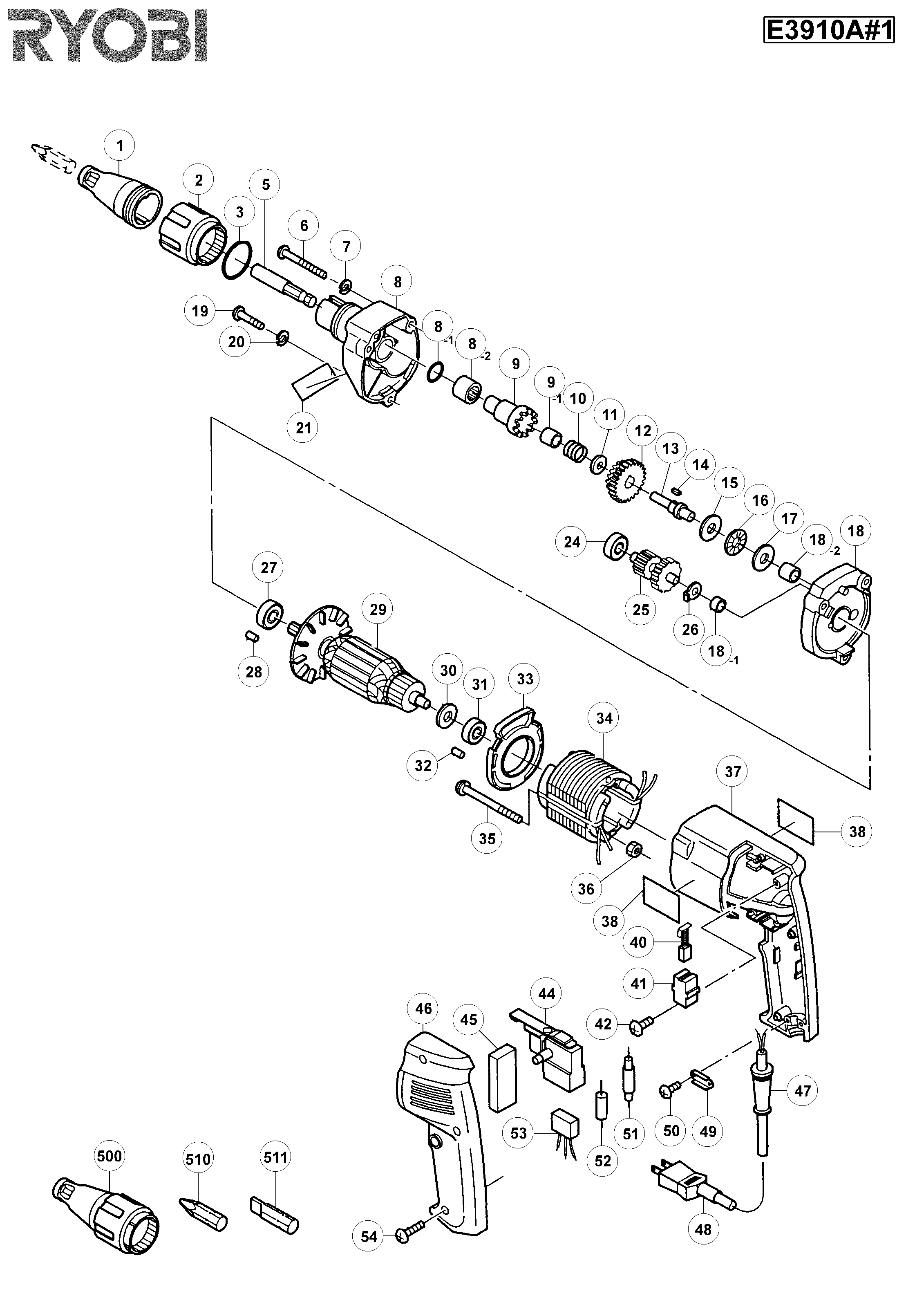 Vue éclatée Ryobi E3910I E3910A#1#01