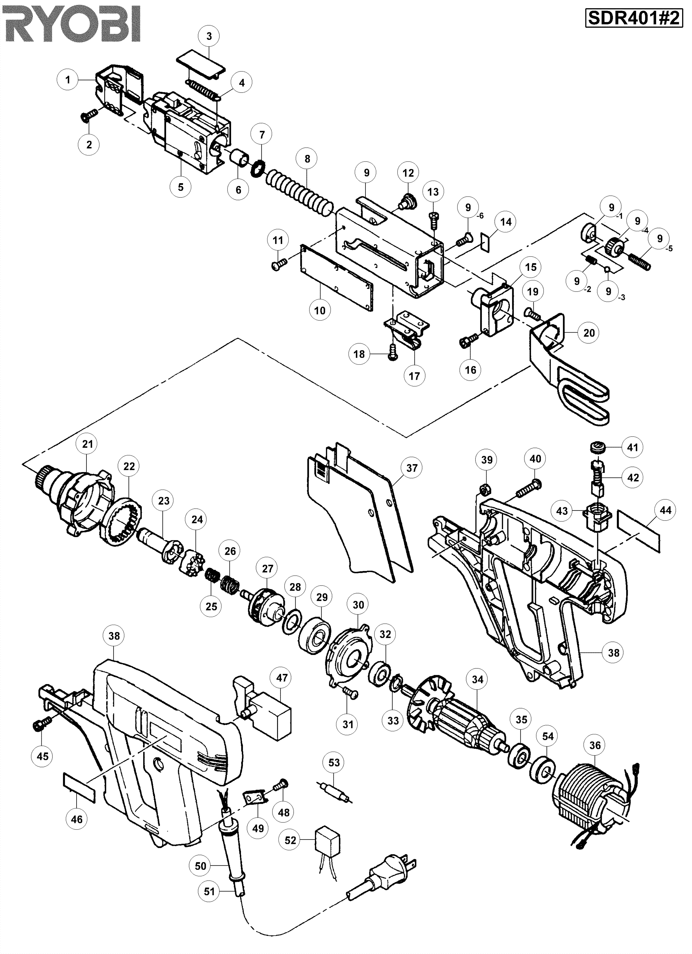 Vue éclatée Ryobi SDR401 SDR401#2#01