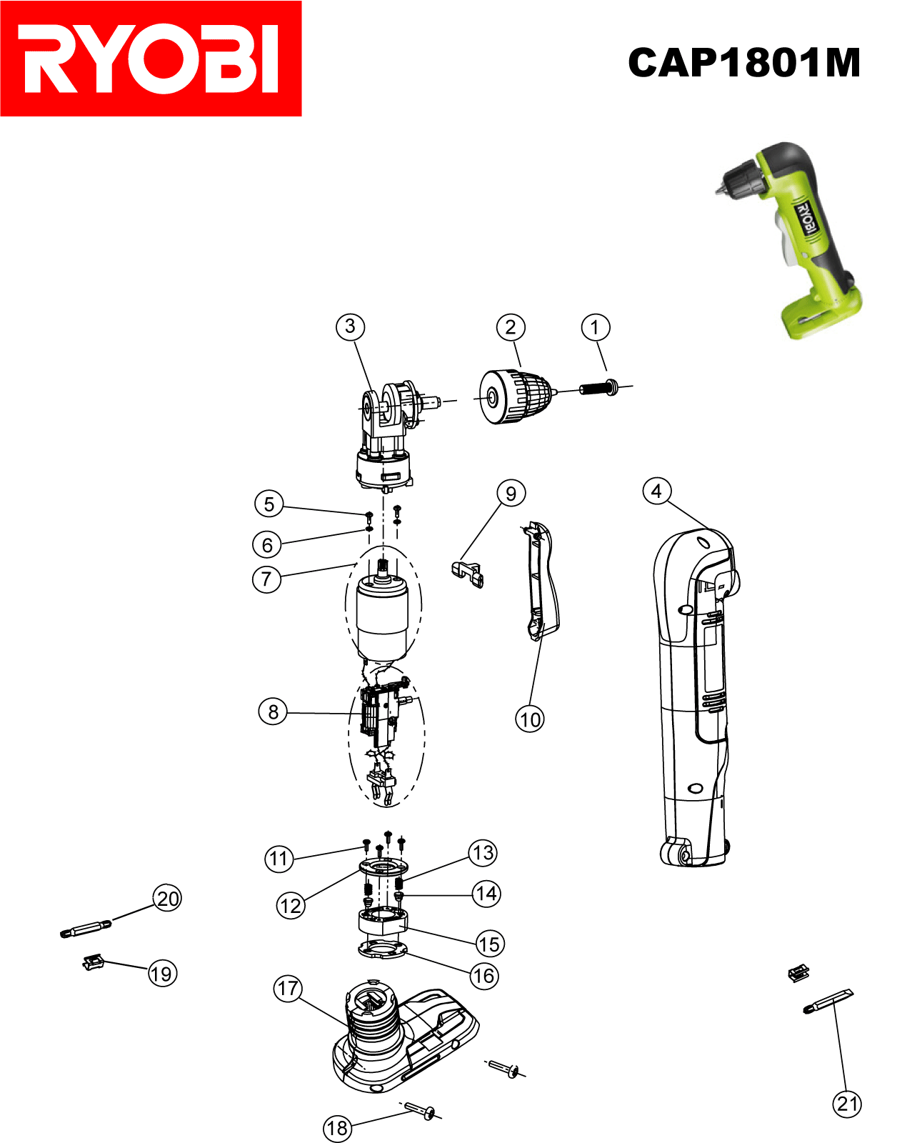 Vue éclatée Ryobi CAP1801M CAP1801M#2#01