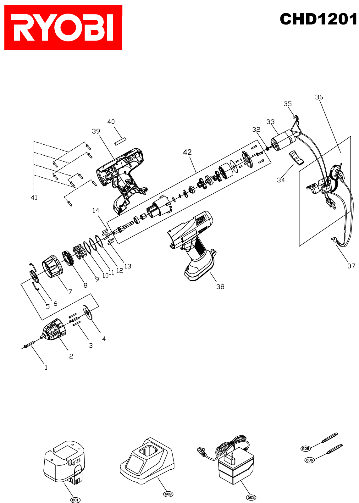 Vue éclatée Ryobi CHD1201 CHD1201#1#01