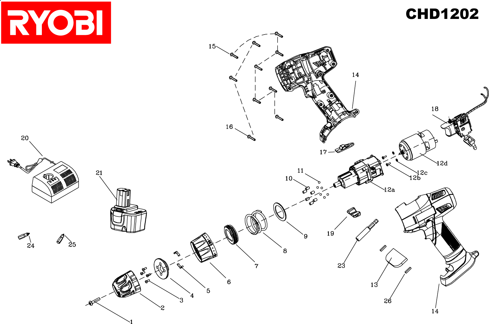 Vue éclatée Ryobi CHD1202 CHD1202#1#01