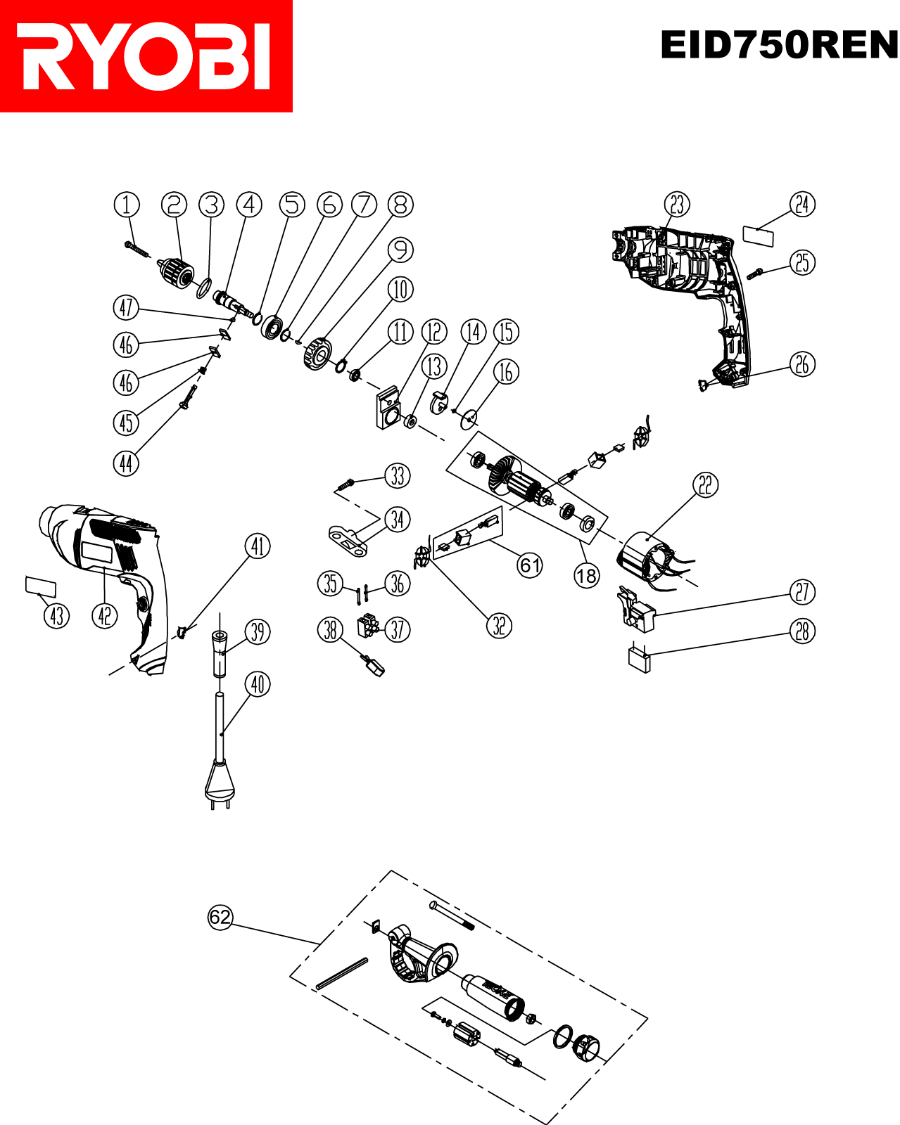 Vue éclatée Ryobi EID750REN EID750REN#1#01