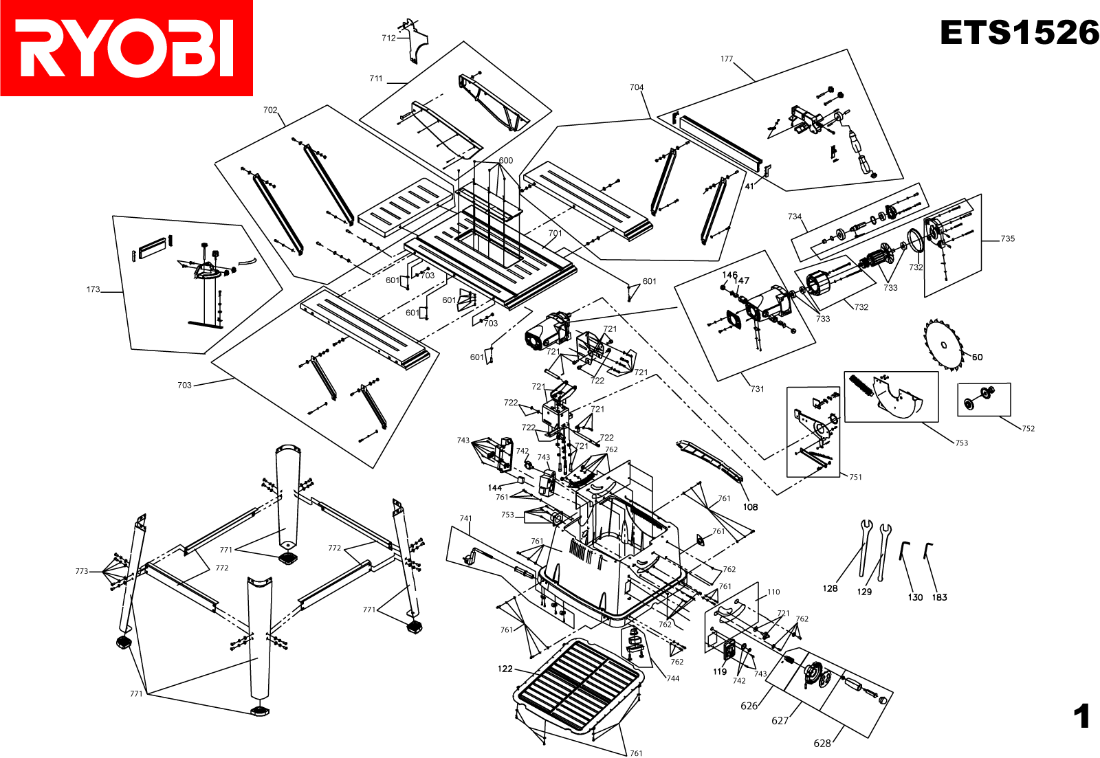 Vue éclatée Ryobi ETS1526 ETS1526#1#01