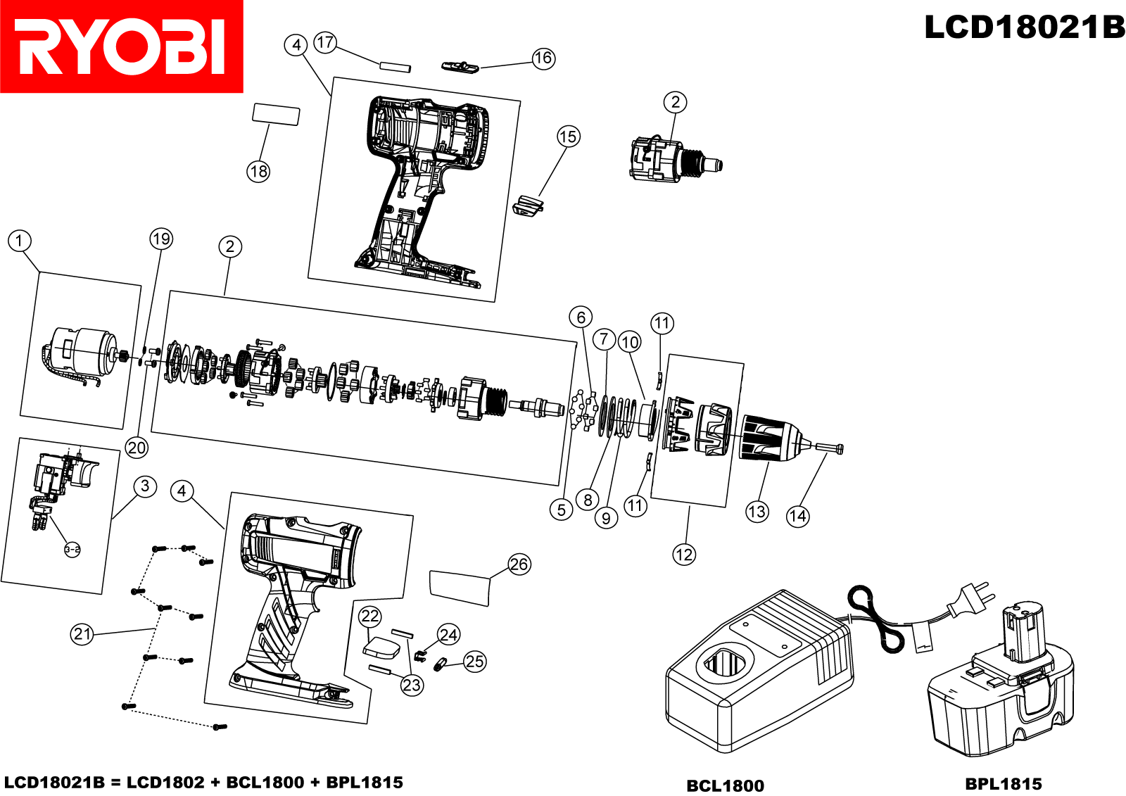 Vue éclatée Ryobi LCD18021B LCD18021B#1#01