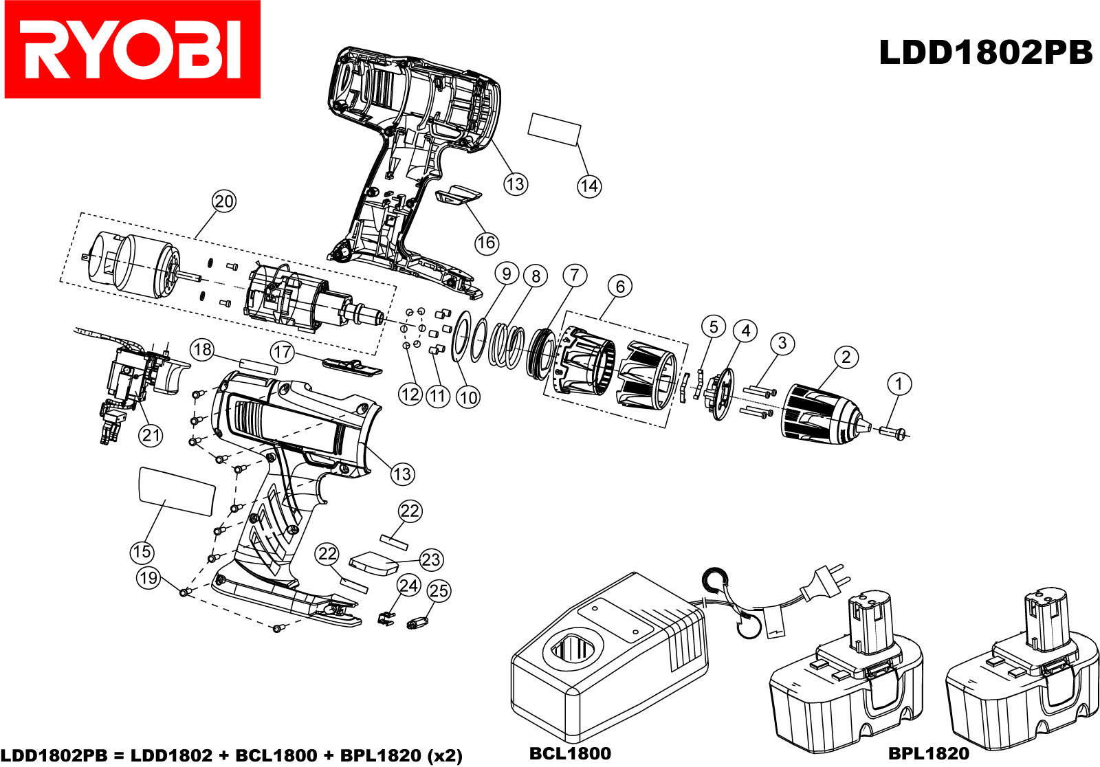 Vue éclatée Ryobi LDD1802PB LDD1802PB#1#01