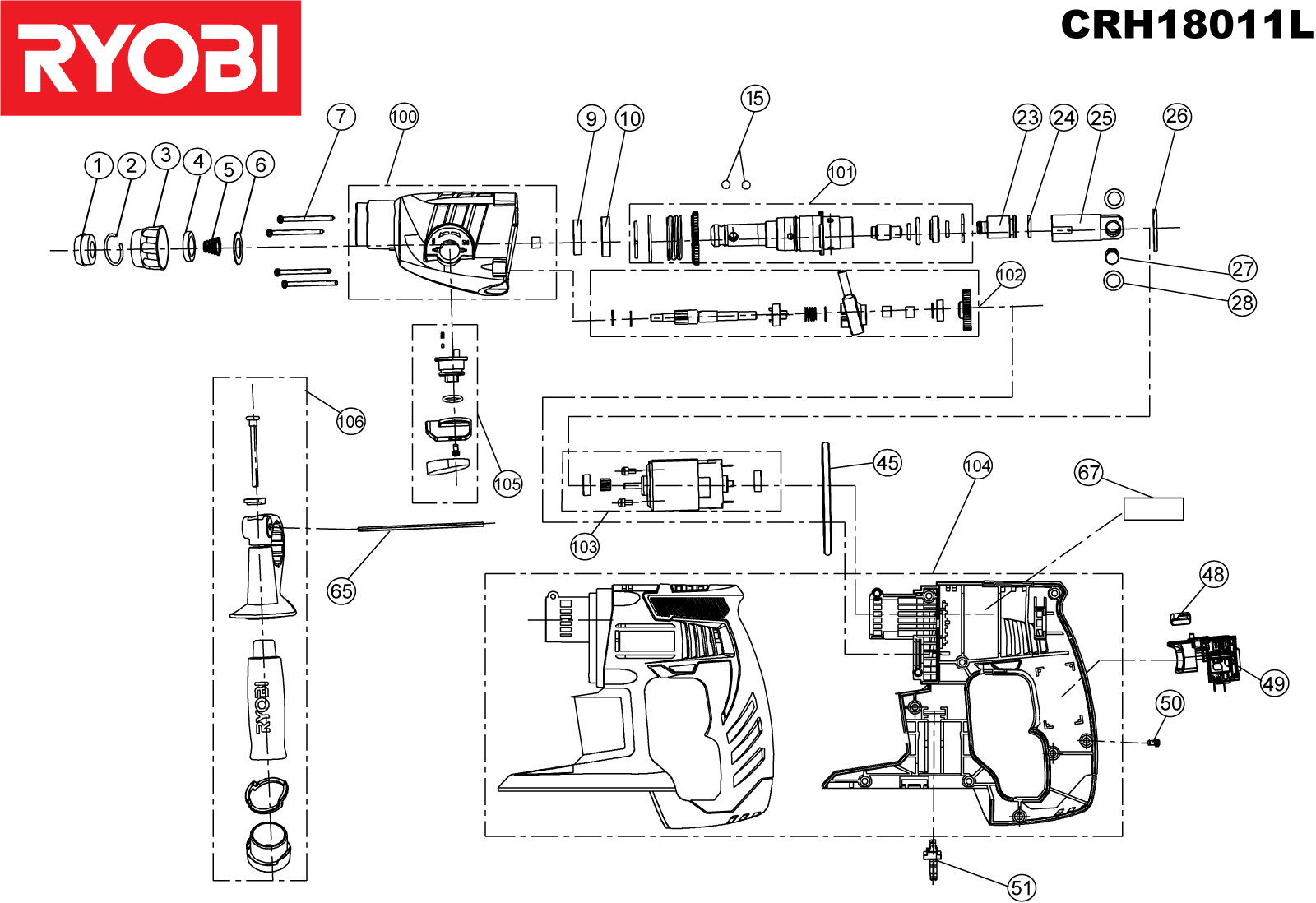 Vue éclatée Ryobi CRH18011L CRH18011L#1#01