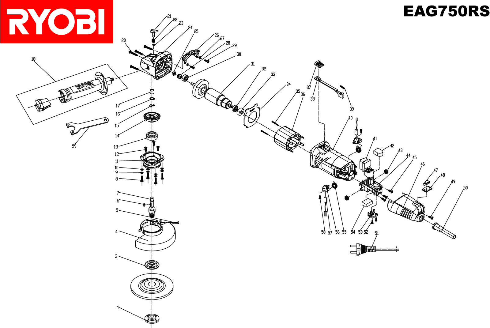 Vue éclatée Ryobi EAG750RS 5133000542#2#01
