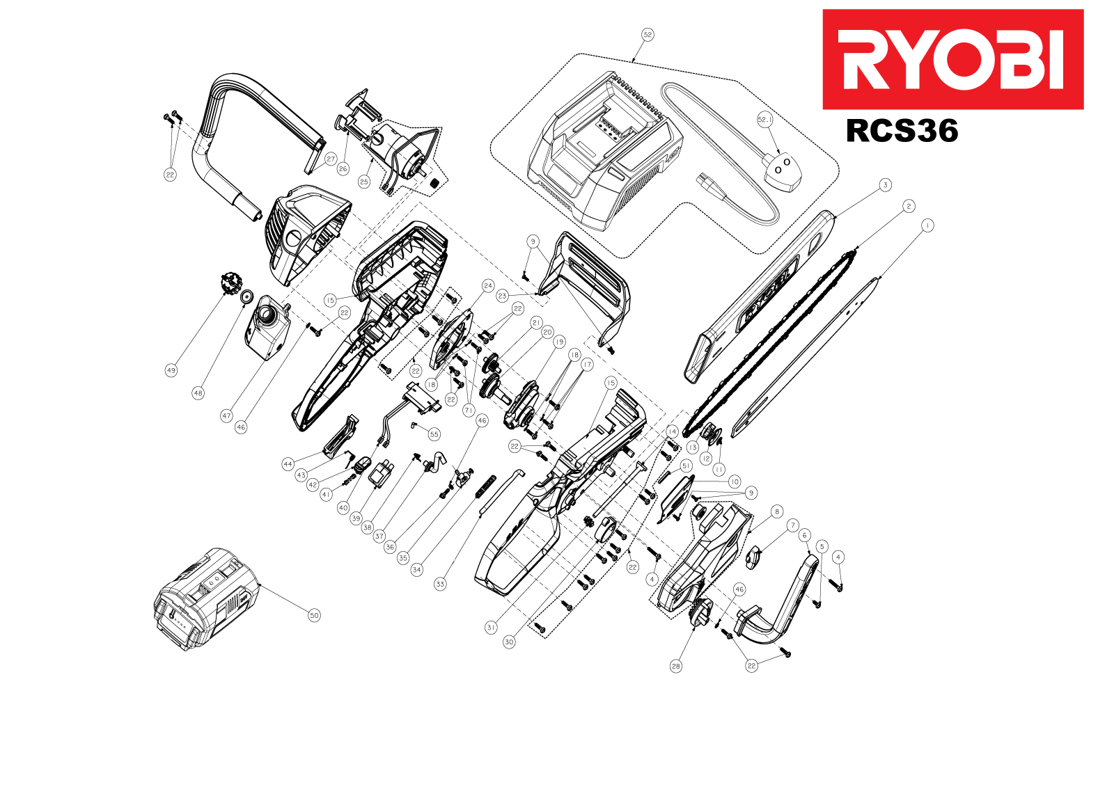 Vue éclatée Ryobi RCS36 5133000677#1#01
