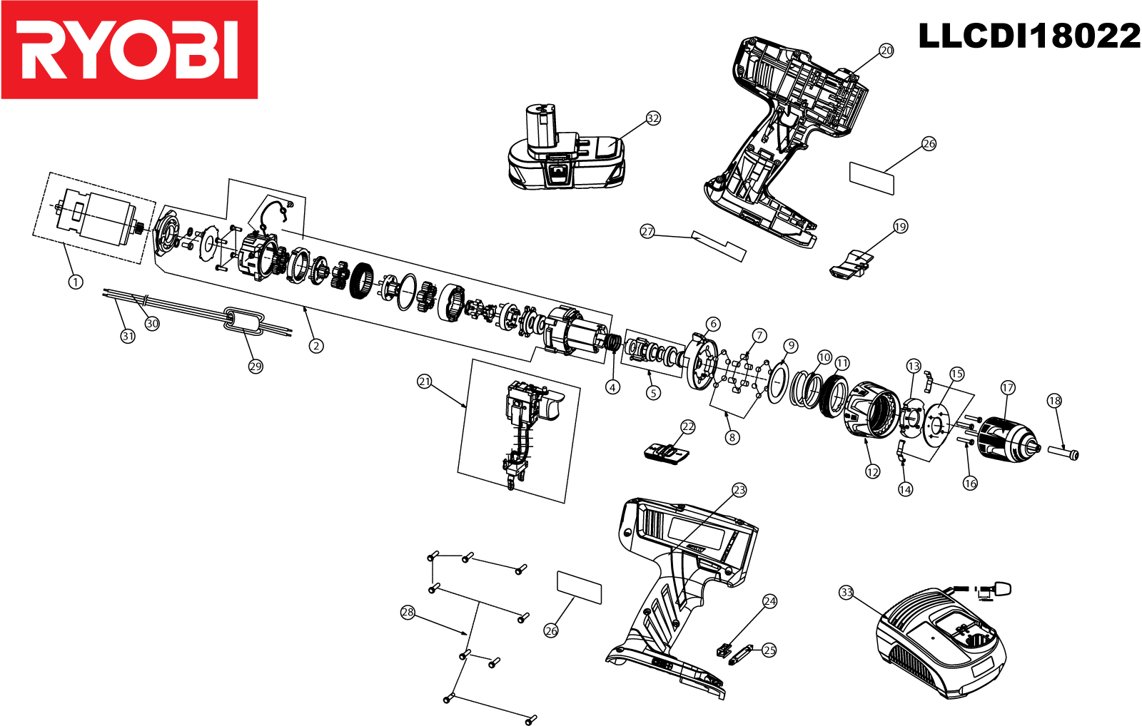 Vue éclatée Ryobi LLCDI18022 5133000804#1#01
