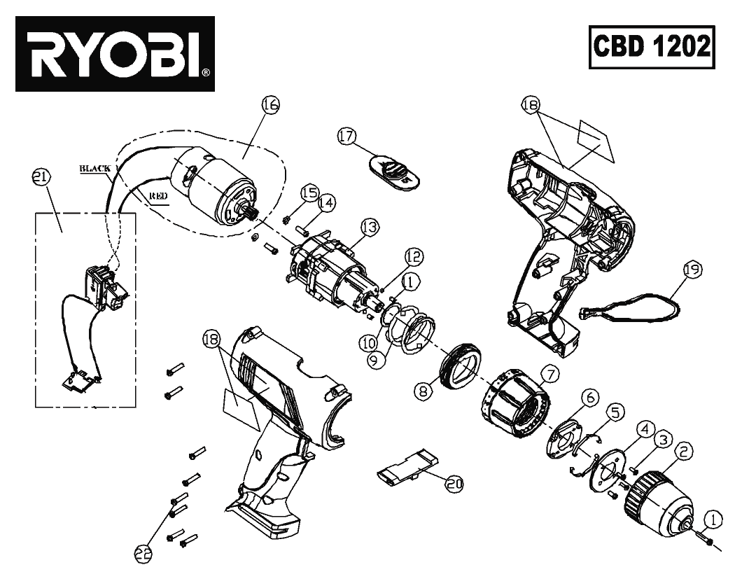 Vue éclatée Ryobi CBD1202 CBD1202#1#01