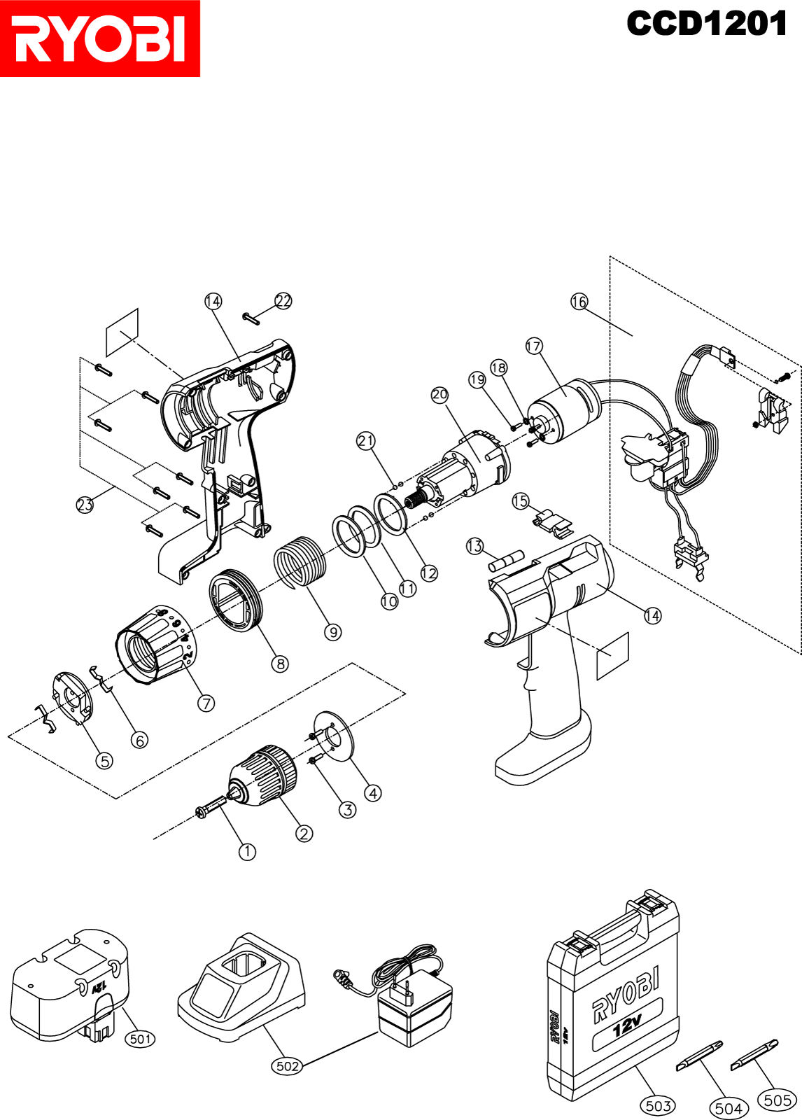 Vue éclatée Ryobi CCD1201 CCD1201#1#01