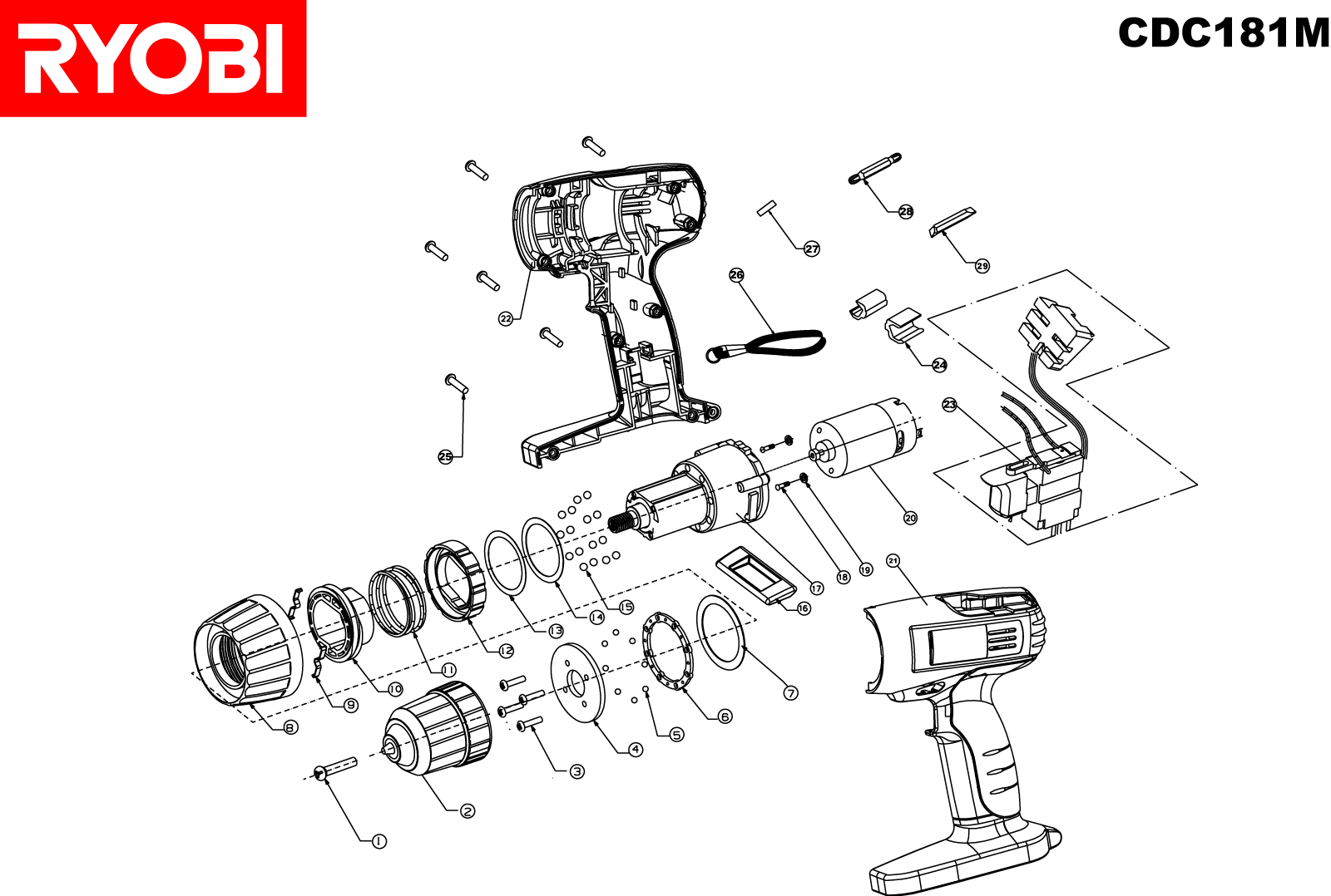 Vue éclatée Ryobi CDC181M CDC181M#1#01