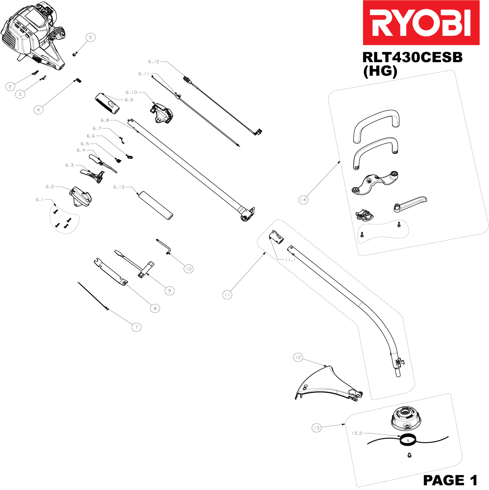 Vue éclatée Ryobi RLT430CESB 5133001118#1#01