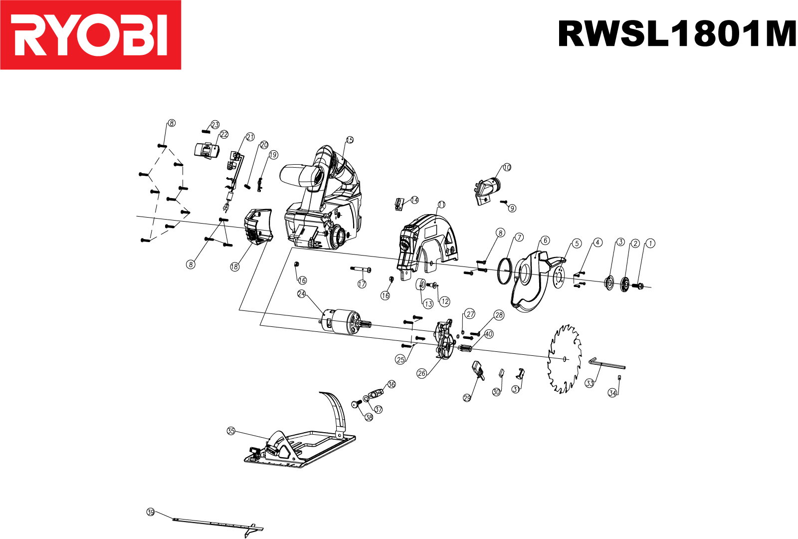 Vue éclatée Ryobi RWSL1801M 5133001165#1#01