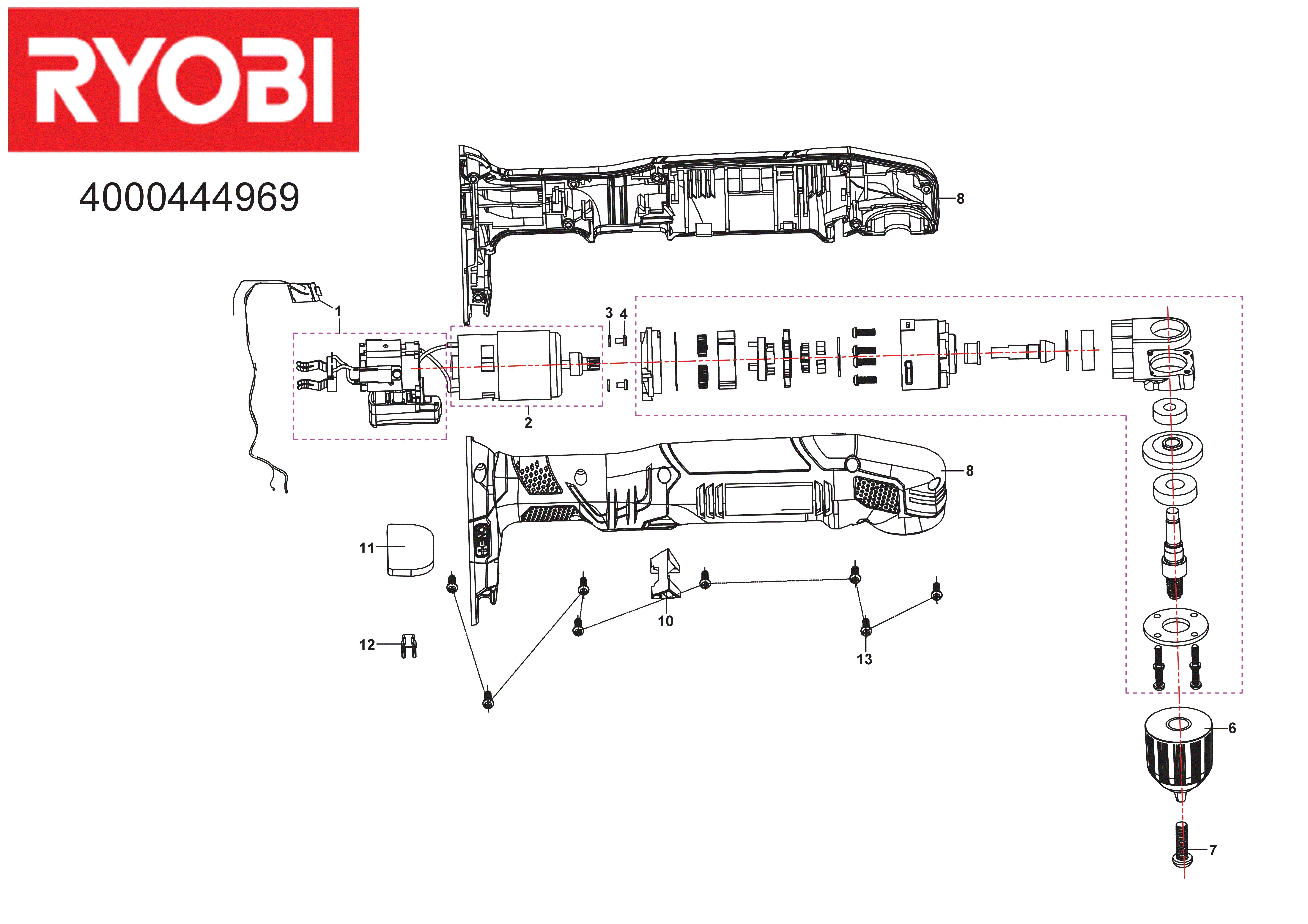 Vue éclatée Ryobi RAD1801M-0 4000444969#01