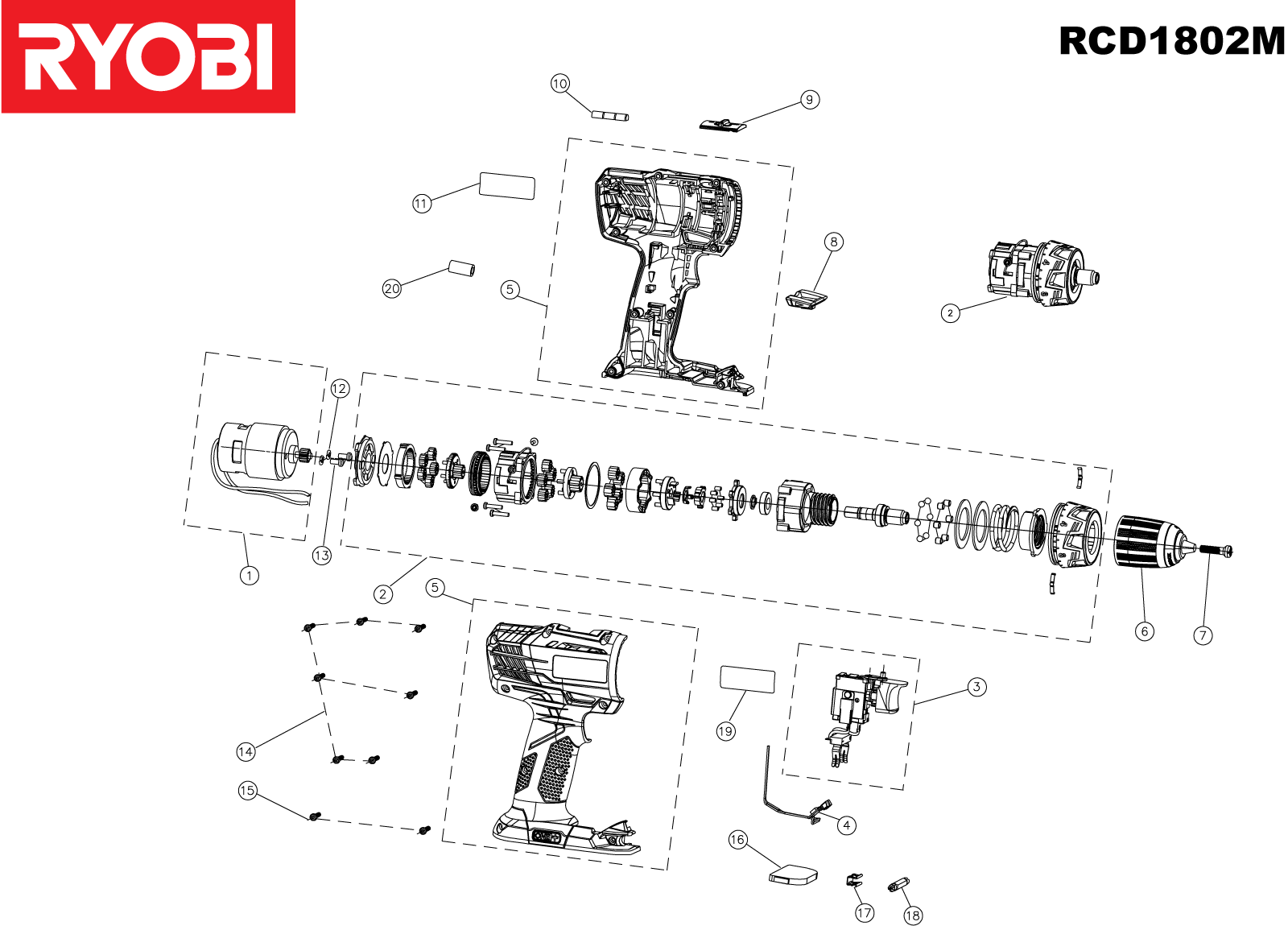 Vue éclatée Ryobi RCD1802M-0 5133001171#1#01