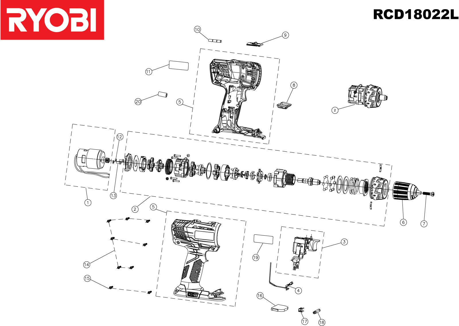 Vue éclatée Ryobi RCD18022L_ 5133001175#1#01