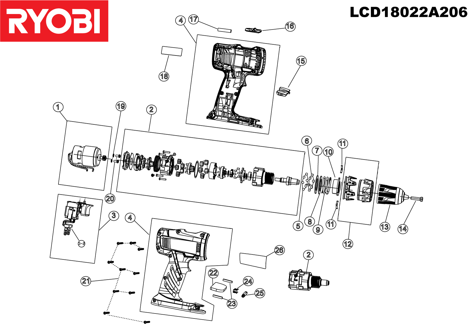 Vue éclatée Ryobi LCD18022A206 5133001191#1#01